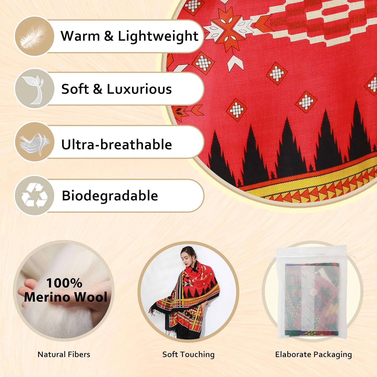 DANA XU 100% Merino Wool Pashmina Shawl for Women 96"x43", Oversized Cashmere Wrap with Tassels, Floral Travel Blanket Cape - Image 3