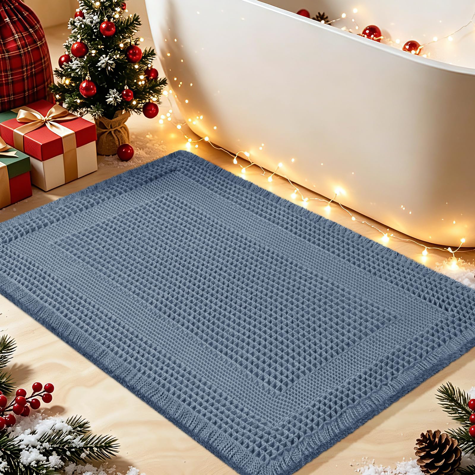 Upgrade Waffle Bath Mat, Boho Bathroom Rugs Absorbent Non Slip, Ultra Soft Bathroom Mat, Machine Washable Knit Bath Rugs with Tassels for Bathroom, Bedroom, Kitchen, Shower, Tub, 32"x20", Blue