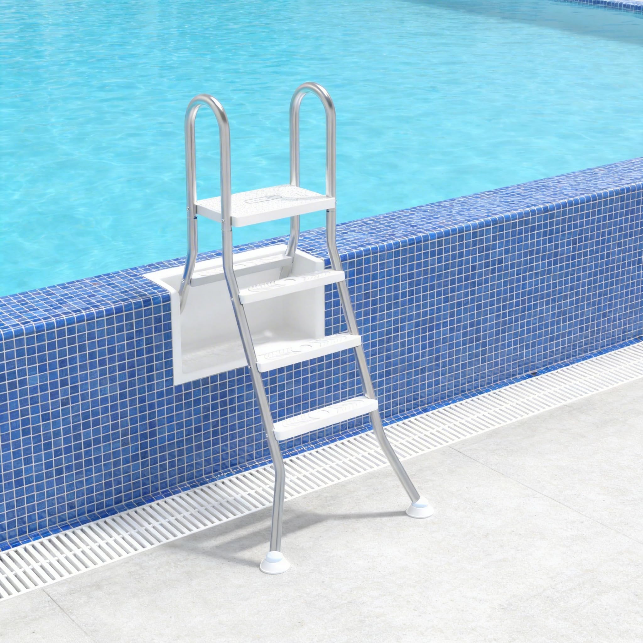 3+1 Stufen Edelstahl Poolleitern, Schwimmbad Leiter mit Sicherheitshandlauf, rutschfeste Kunststoff Stufen & Kugelgelenk-Design Standfuß, Stabile Hochbeckenleiter für Pools/Becken bis 115cm