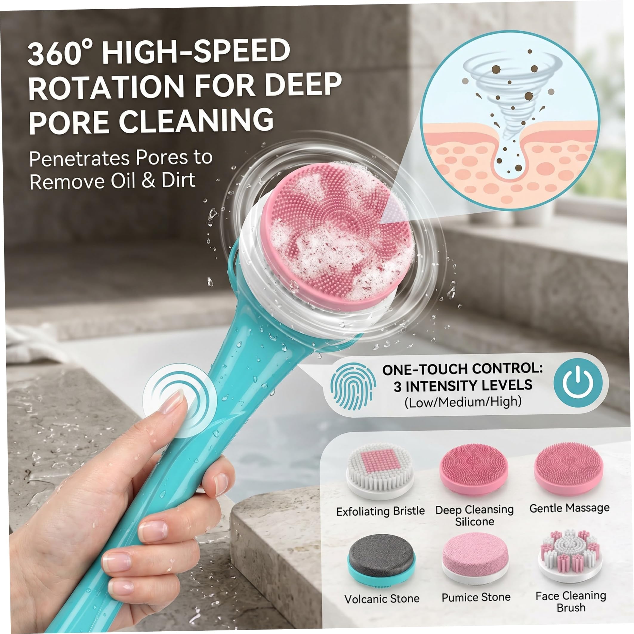 Körperpeeling-Bürste, elektrische Rückenbürste mit langem Griff, Peeling-Massage-Bad, Dusche, Massage-Schrubber mit 6 Reinigungsköpfen für Spa, Dusche, Blau