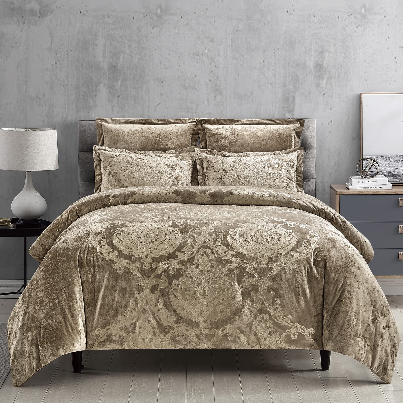 Sunshine Nicole Metallic Print Comforter Set, Distressed Velvet Face with Metallic Print and Brushed Solid Microfiber Reverse, with Light Weight Soft Poly Fill, 5 Pieces Khaki Gold, King