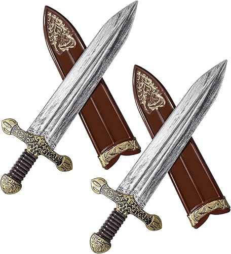 quescu Juego de 2 juguetes de espada, espada romana de plástico con funda, accesorios de disfraz de guerrero medieval para Halloween, cosplay, LARP,