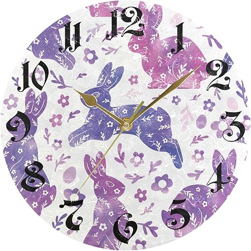 Miniatura 5 de ZOEO Reloj de pared redondo de 10 pulgadas, silencioso, sin tictac, reloj de pared con conejito morado, funciona con pilas, para decoración de sala