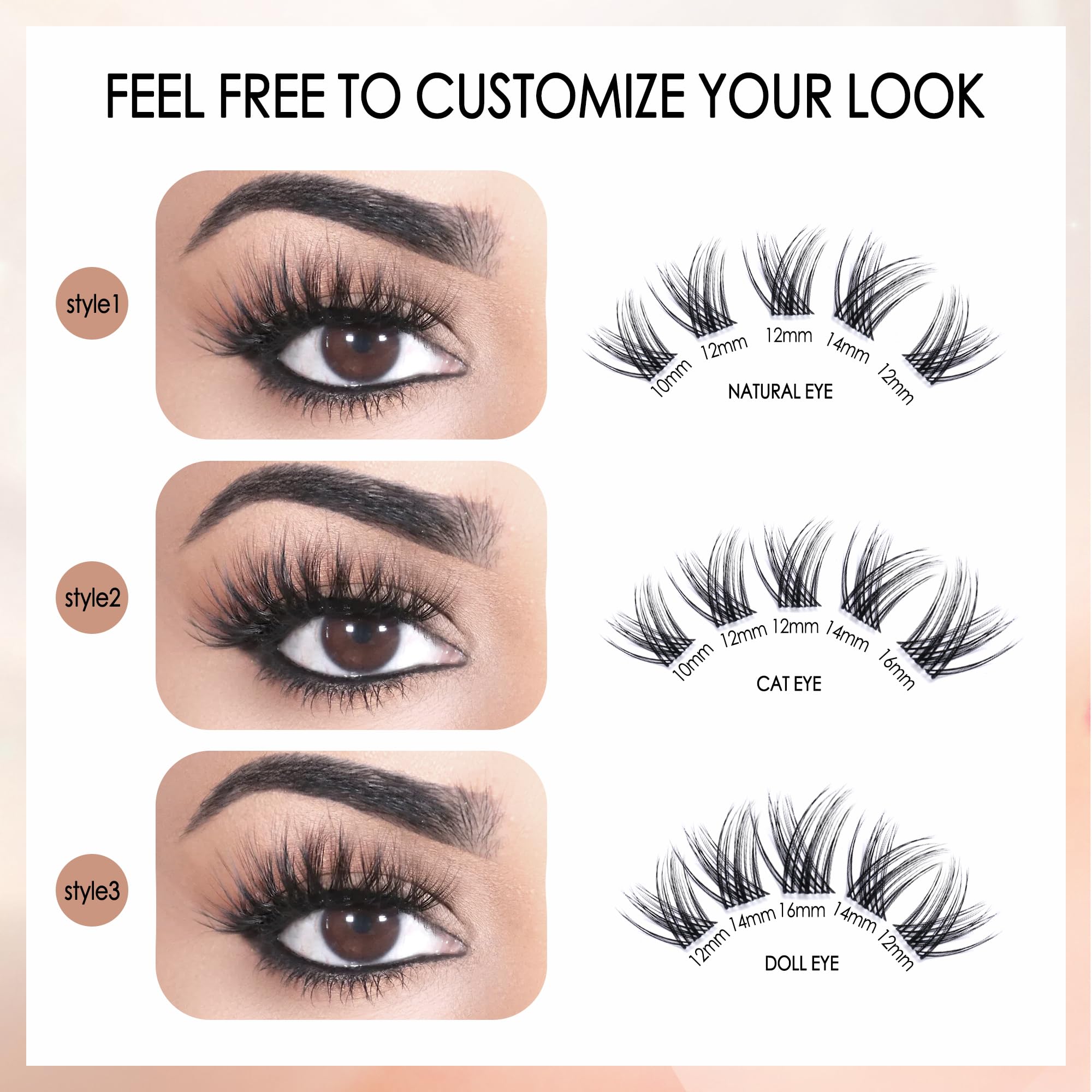 Lash Clusters Clear Band DIY Eyelash Extension Kit with Bond and Seal Lash Applicators Individual Lashes Remover Kit (60pcs 8-16MM) - Image 3