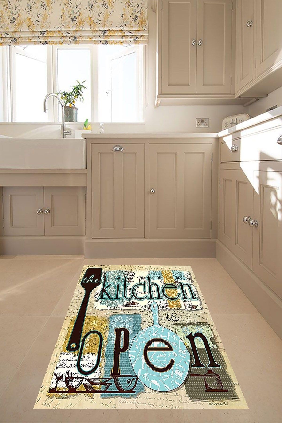 Pelangi Kitchen Open Yazılı Dijital Baskı Yıkanabilir Kaymaz Taban Leke Tutmaz Mutfak Halısı ve Yolluk, Ekru 80 x 300