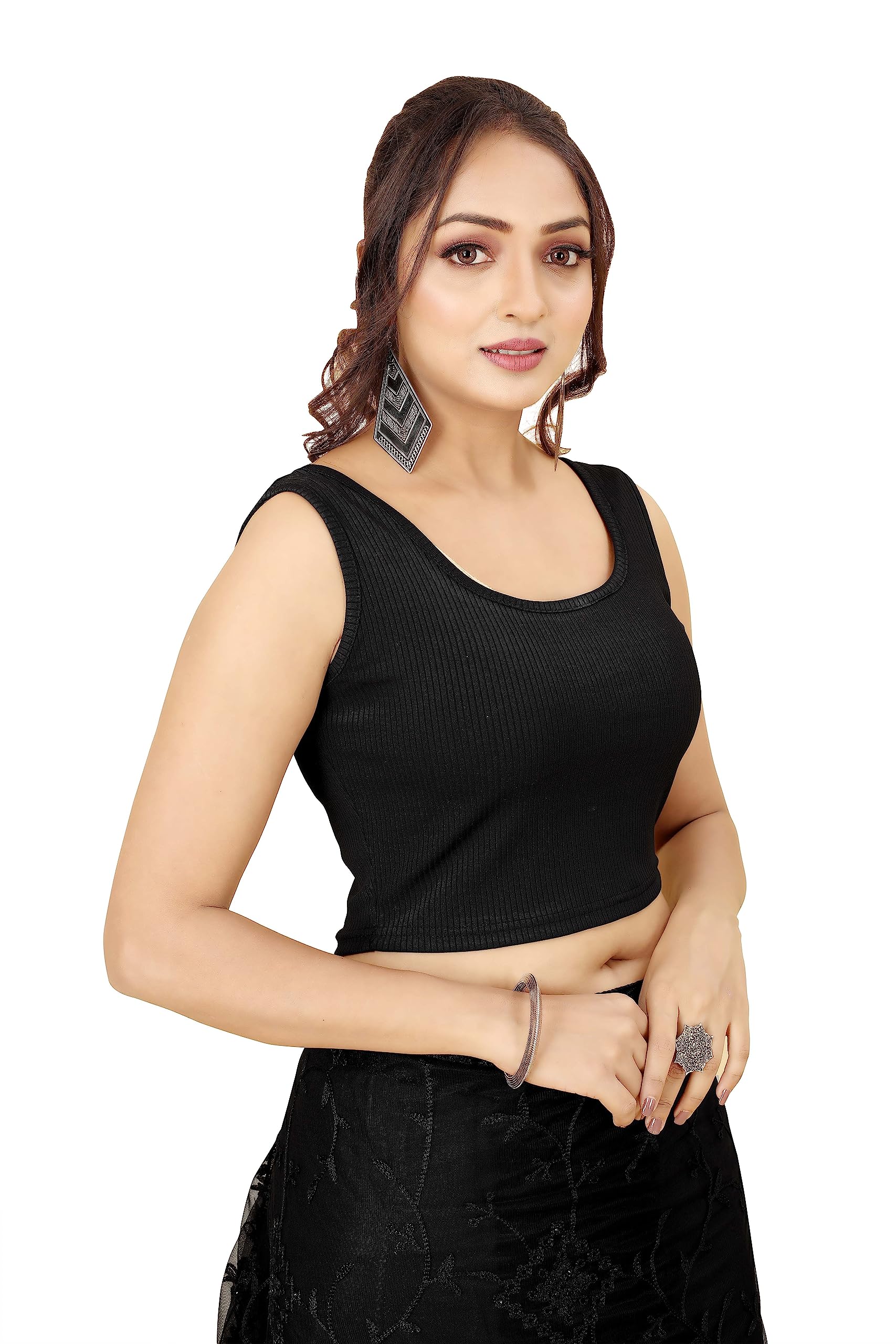 Shasmi Women's & Girls' Solid Ribbed Square Neck Collarless Sleeveless Slim Fit Simplicity Blouse For Women (Blouse 36 Black Xs)
