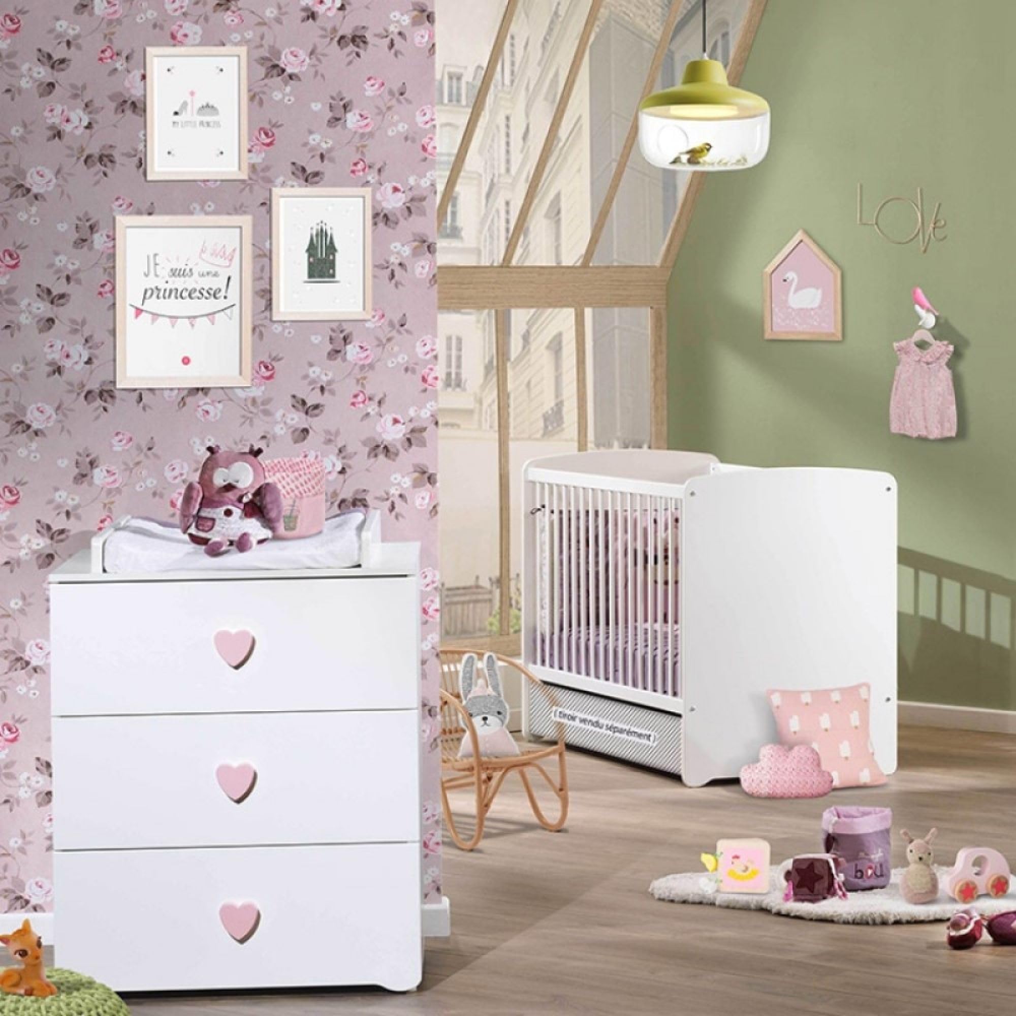 BabyPrice Duo Lit bébé 120x60 cm + Commode à Langer Boutons Coeur Rose Basic | Fabriqué en France by Sauthon