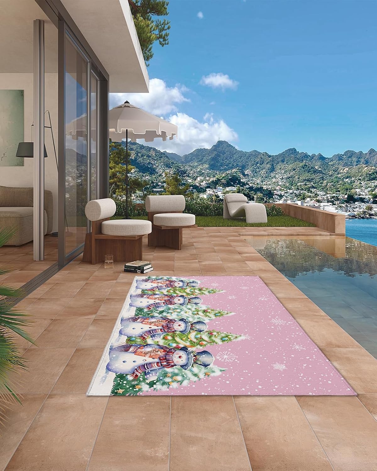 Outdoor Rug, Christmas Tree Snowman Snowflake Scarf Winter Background Absorbant Non-Slip Area Rugs Mat Carpet for Patio Balcony Porch Backyard Deck Rv Camping 6x9 ft