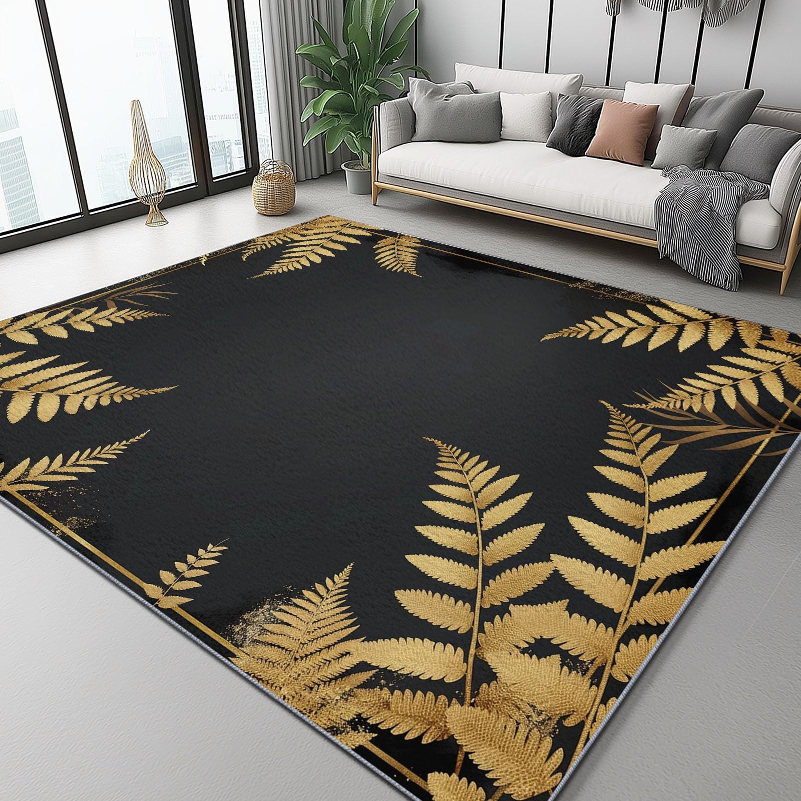 Dywaniki do salonu, 140 x 200 cm, zmywalny, antypoślizgowy, prosty wzór paproci, dywany do sypialni, niskie runo, cienka mata podłogowa, dywan do jadalni, kuchni, biura, czarno-złoty