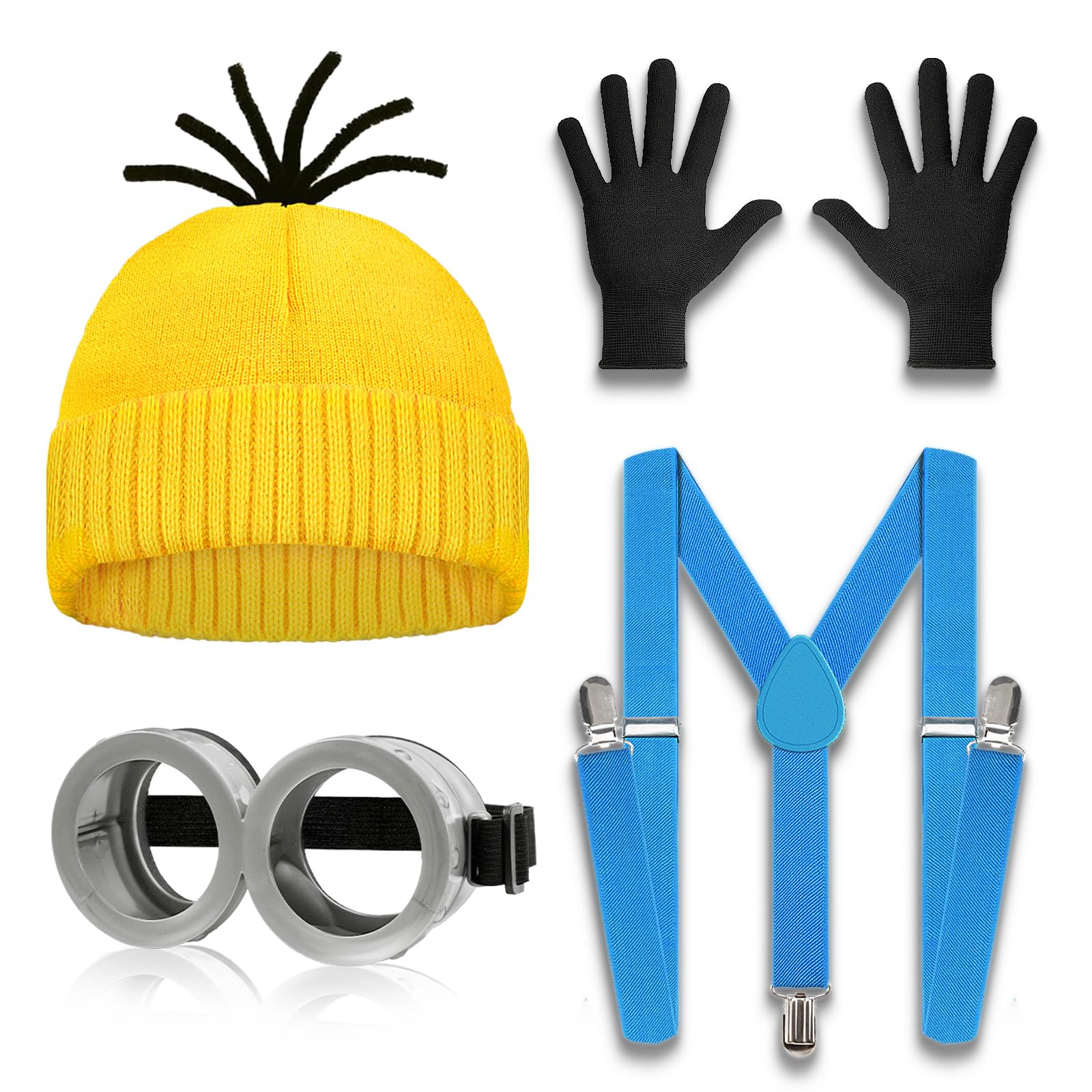 4 PCS Easter Halloween Costumes for Men Women Adults Yellow Beanie Steampunk Goggles Black Gloves Suspenders Party Set