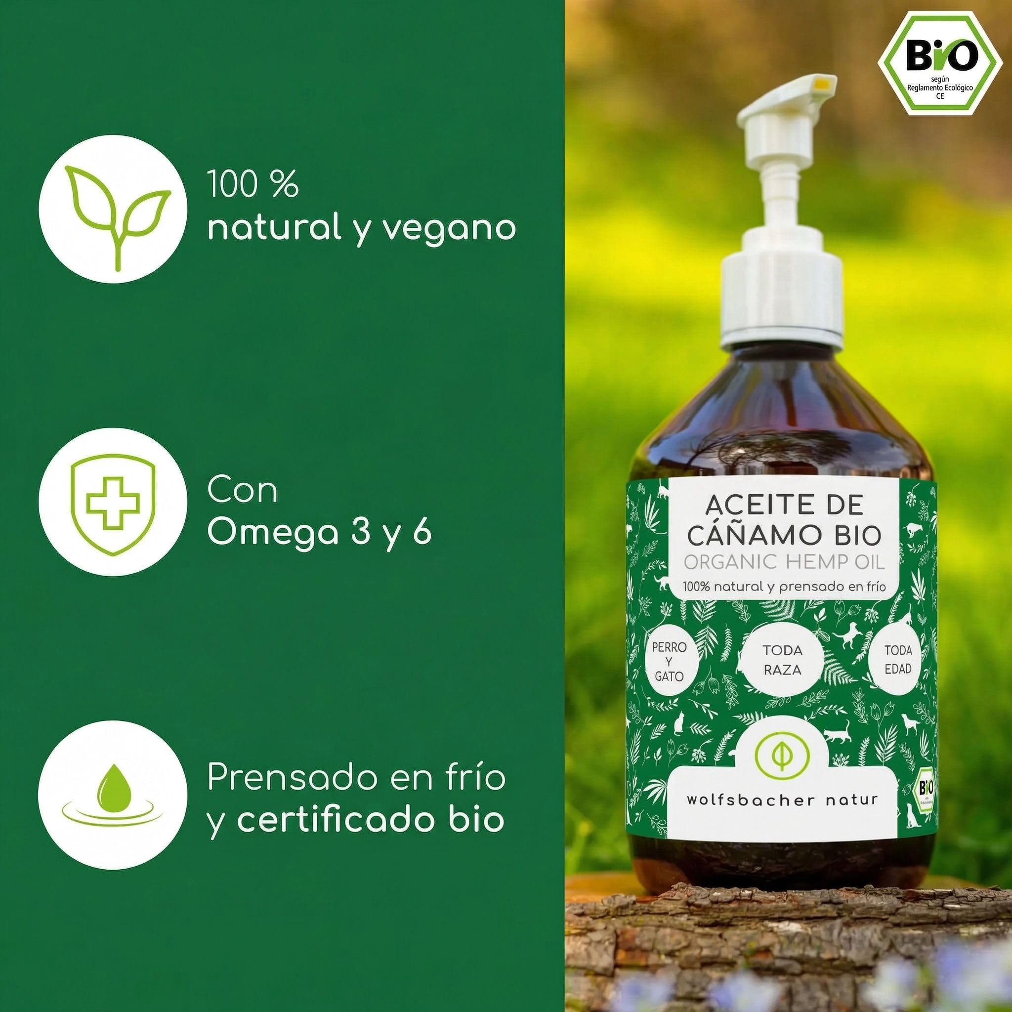 Aceite de cáñamo orgánico para Perros y Gatos 500ml | 100% Natural y prensado en frío | Apoyo para la Piel y el Pelaje | Omega 3-6-9 | DE-ÖKO-060