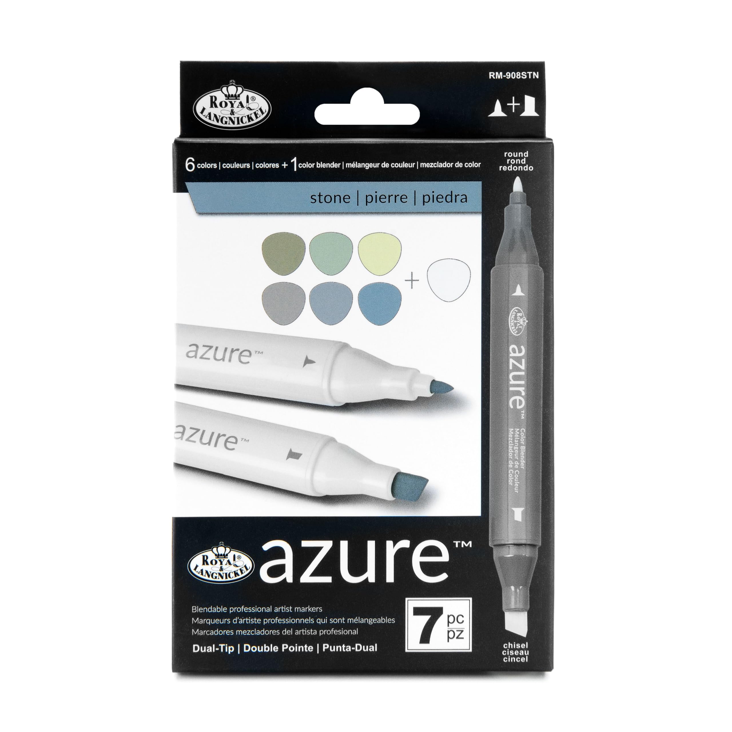 Royal & Langnickel Azure, 7pc Dual-Tip, Alcohol Based Marker Set, Includes - 6 Markers & 1 Blender, Stone Colors