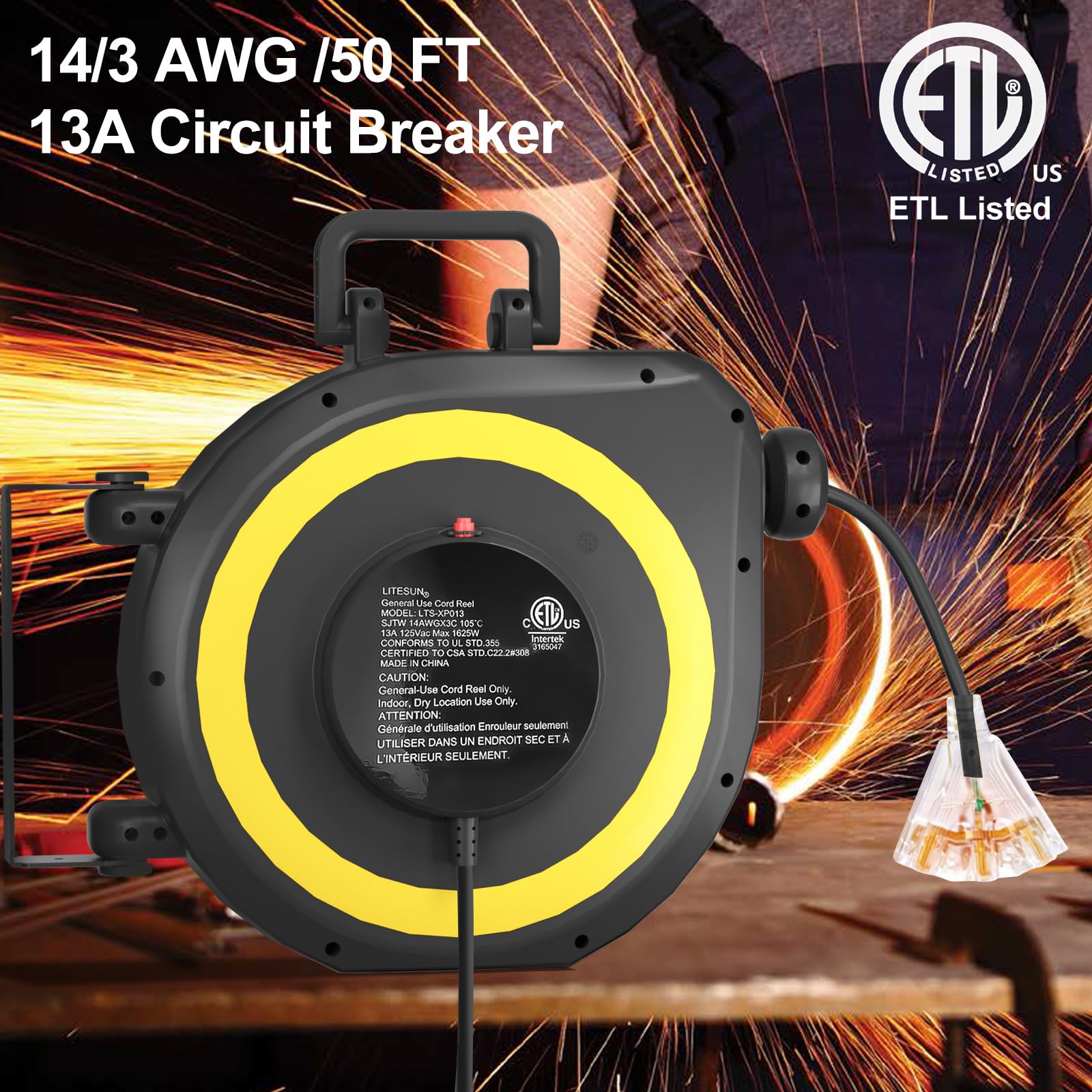 oviitech 50 Ft Retractable Extension Cord Reel,14/3 AWG SJTW Heavy Duty Power Cord, 3 Electrical Outlets,13 Amp Circuit Breaker,Black and Yellow,ETL Listed