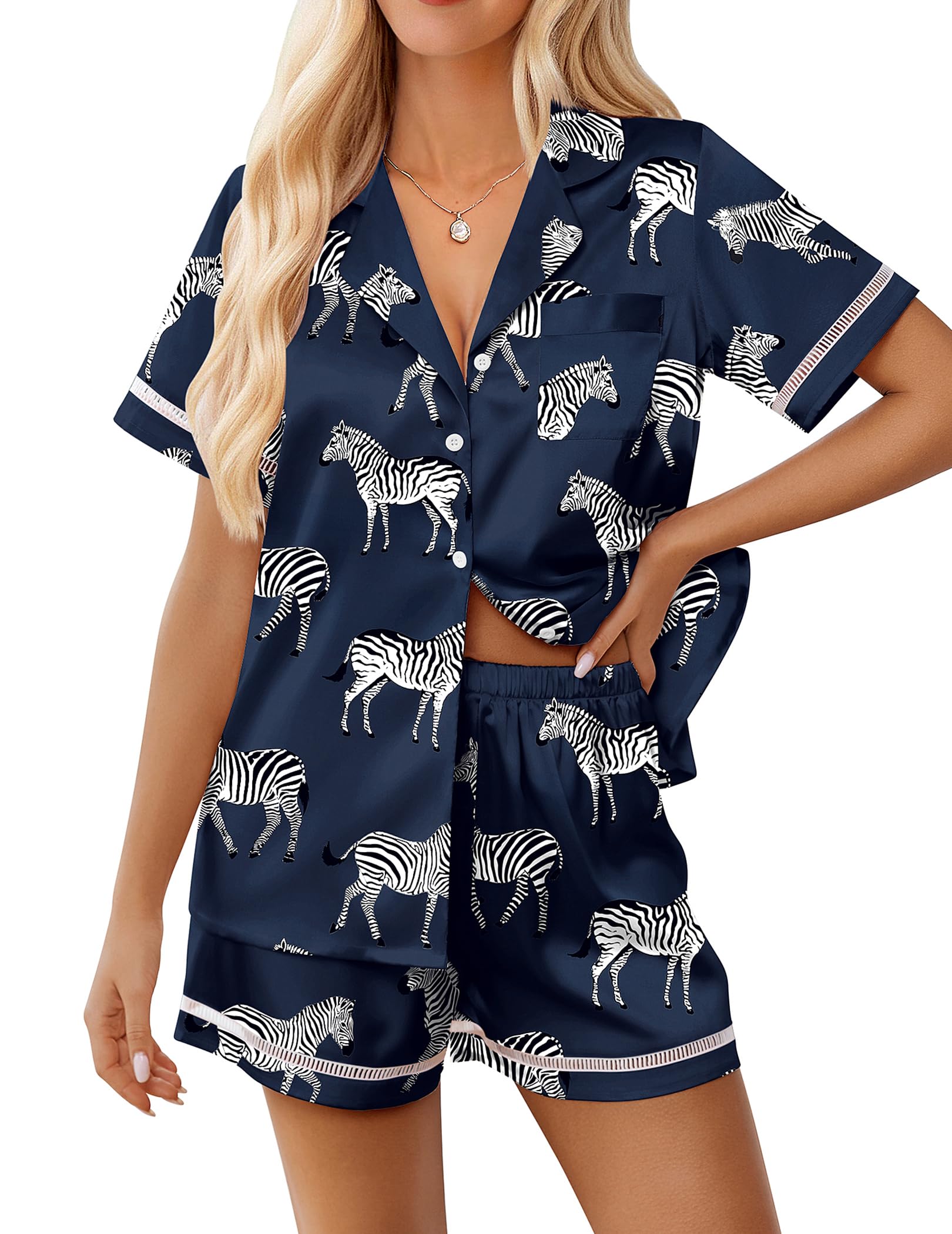 Ekouaer Womens Silk Pajama Sets Button Up Satin Pjs Short Sleeve 2 Piece Pj Sets Cute Lounge Sets with Chest Pocket