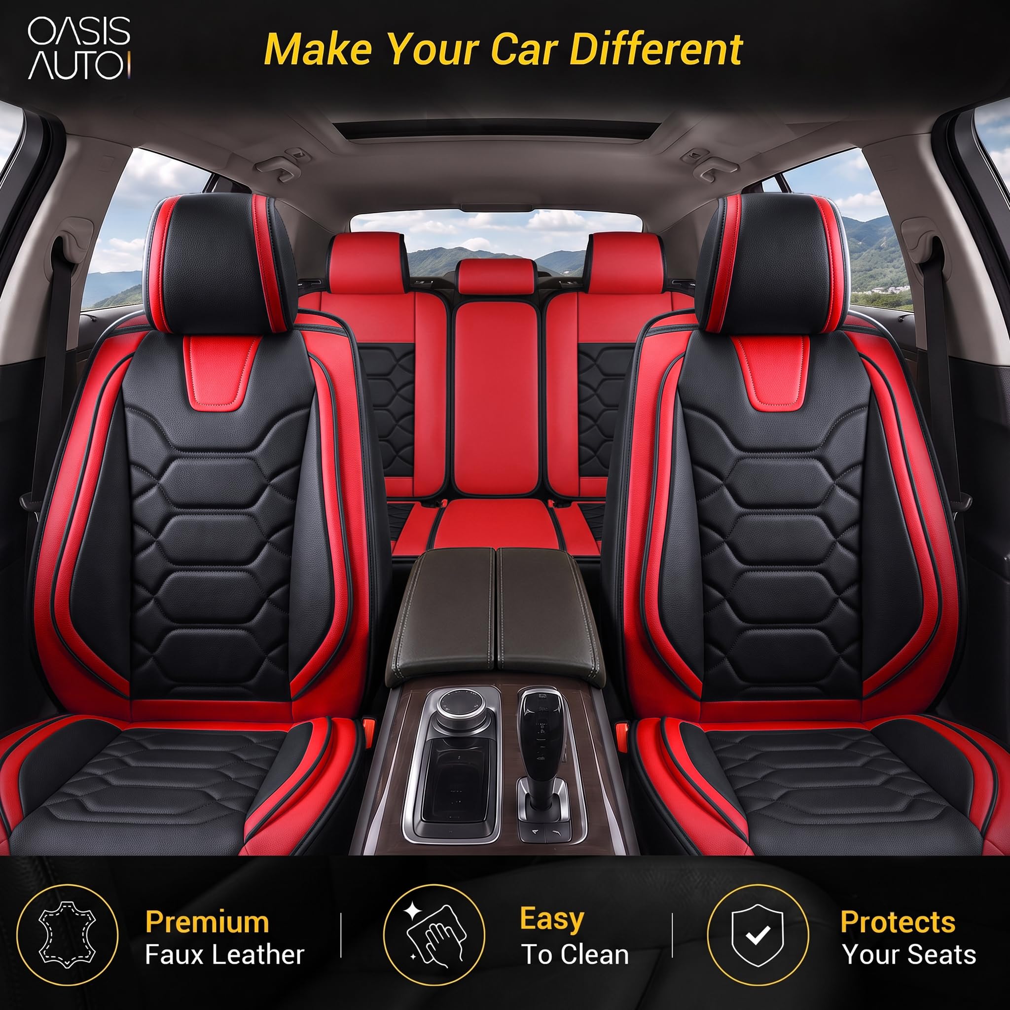 OASIS AUTO Car Seat Covers Full Set, Waterproof Faux Leather Seat Covers for Cars Universal Fit for SUV, Truck, Sedan, Black Premium Car Seat Protector with Front & Back Cushions — Amazon image 2