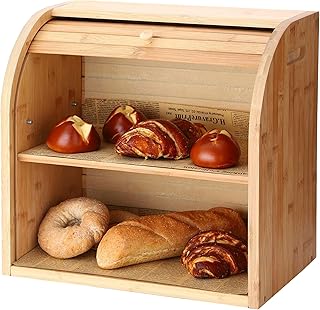 Double Decker Bamboo Bread Bin 2-Layer Bread Box Eco-friendly Kitchen Storage Box with Lid for Freshness Natural, Organic, and Sustainable Food Storage Solution (Classic - Natural Wood)