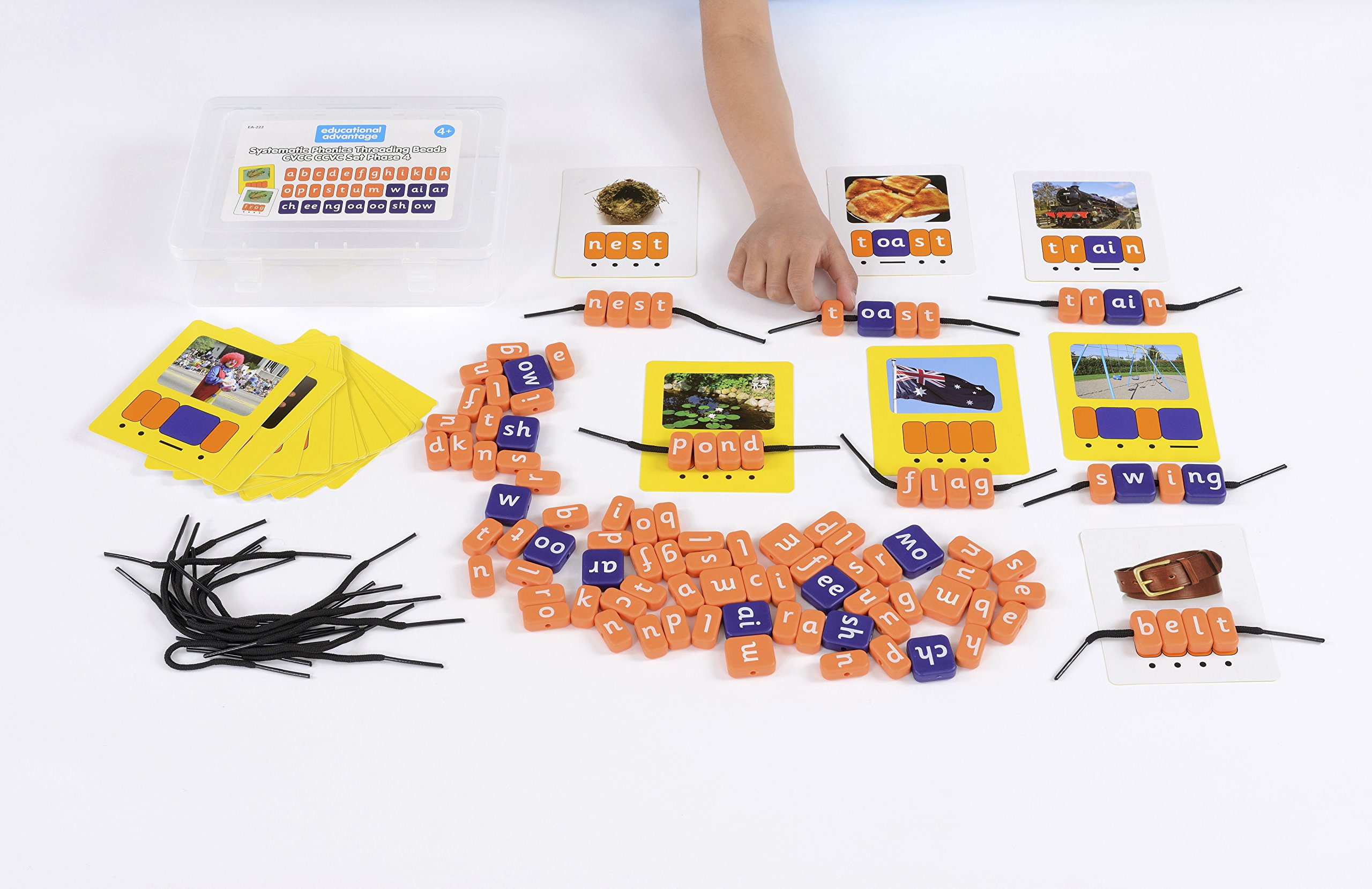 EDUCATIONAL ADVANTAGE Kids Systematic Phonics Lacing Beads CVCC Set Phase 4 in Multicolored - Literacy Learning Toy - 100 Beads & 25 Cards - 4+ Years