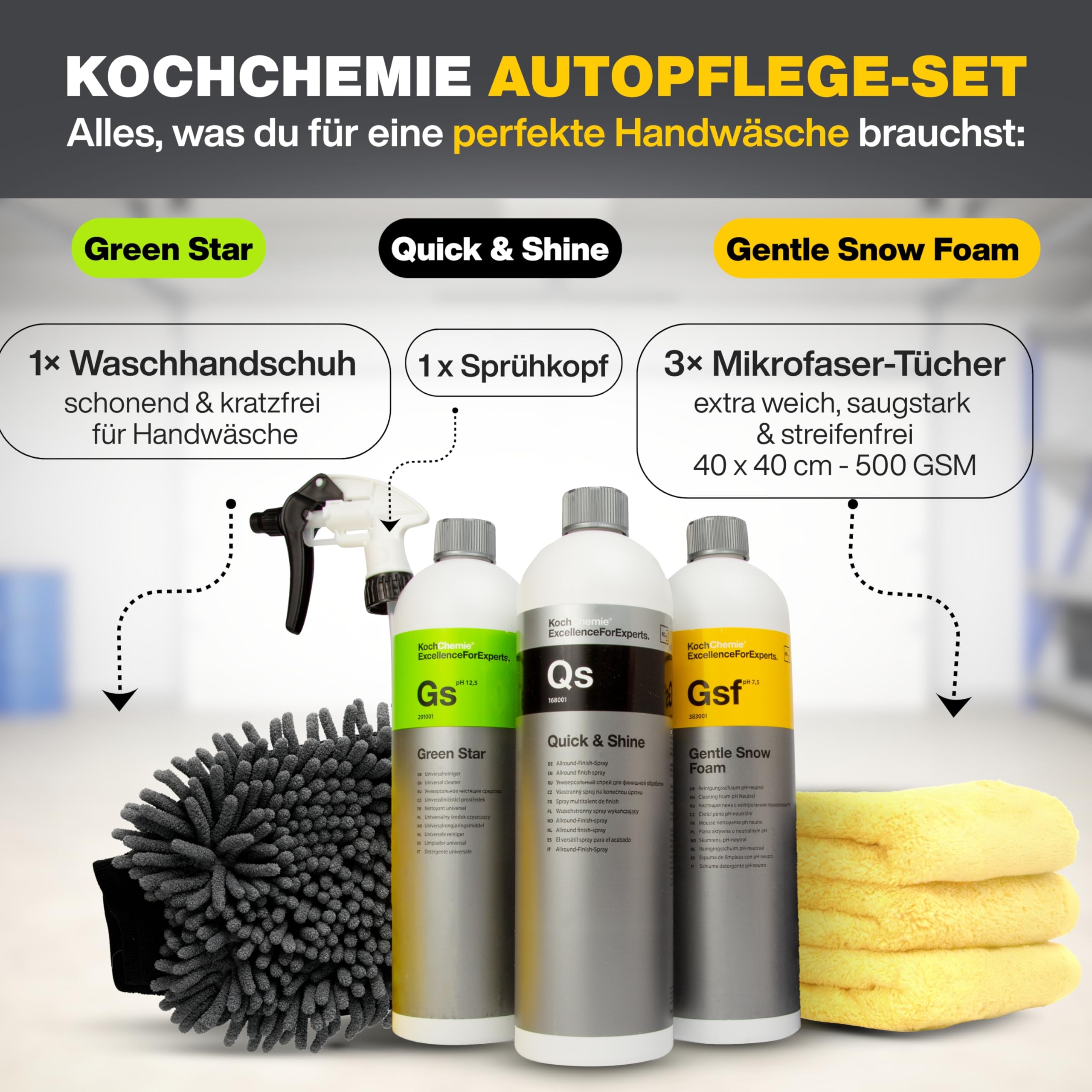 Koch Chemie Autopflegeset (3x1L): Green Star, Gentle Snow Foam & Quick Shine. Inkl. 3 Mikrofasertücher, Sprühkopf & Waschhandschuh für Auto Detailing (Gentle Snow Foam + Quick & Shine + Green Star) - 2
