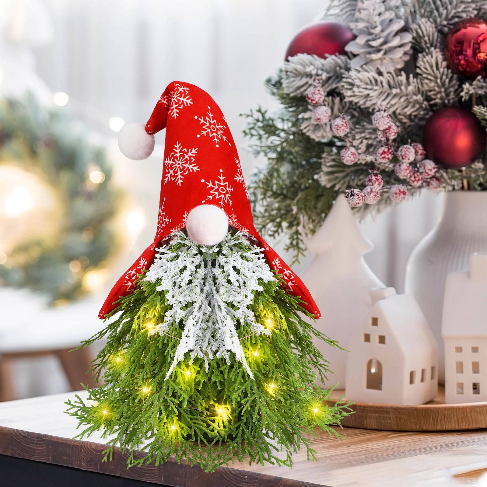 Mini Christmas Tree Gnome with Lights Tabletop 17.72 Inch Small Lights Christmas Tree Decorative Gnome Snowflake Ornaments Decor for Home Table Top Holiday Party Decor