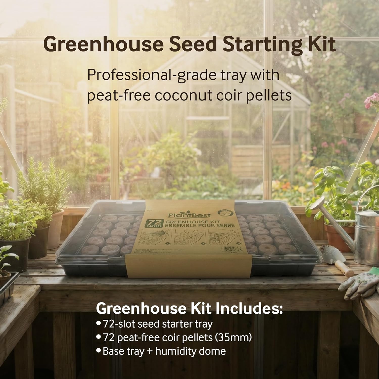 72 Coconut Coir Pellet Seed Starting Greenhouse Kit – 35mm Peat-Free Pellets, All-in-One Seed Starter Tray with Humidity Dome, Sustainable Indoor Germination