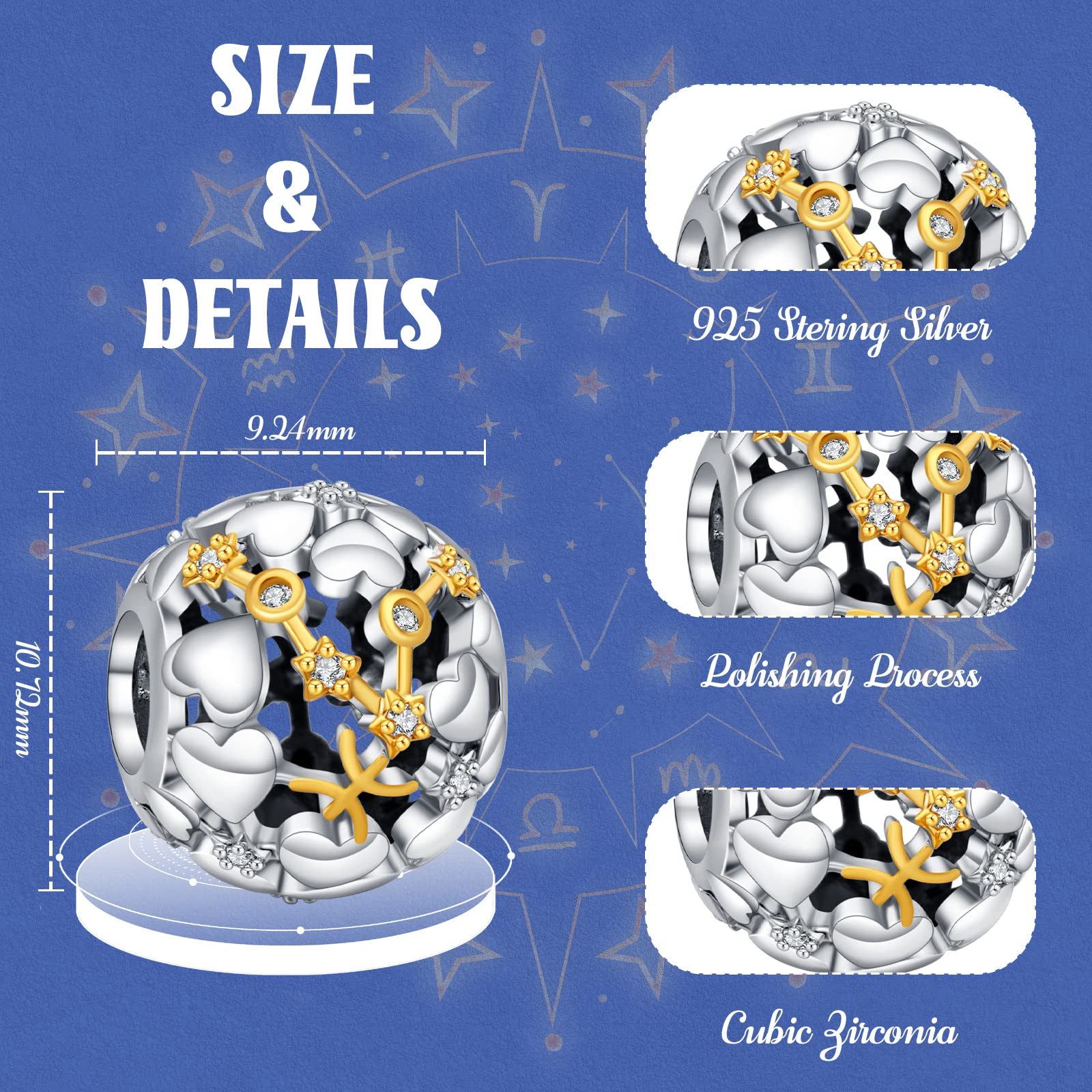 Annmors Charm Zodiaco Cumpleaños Abalorios Plata de Ley 925 Compatible con Pulsera Mujer