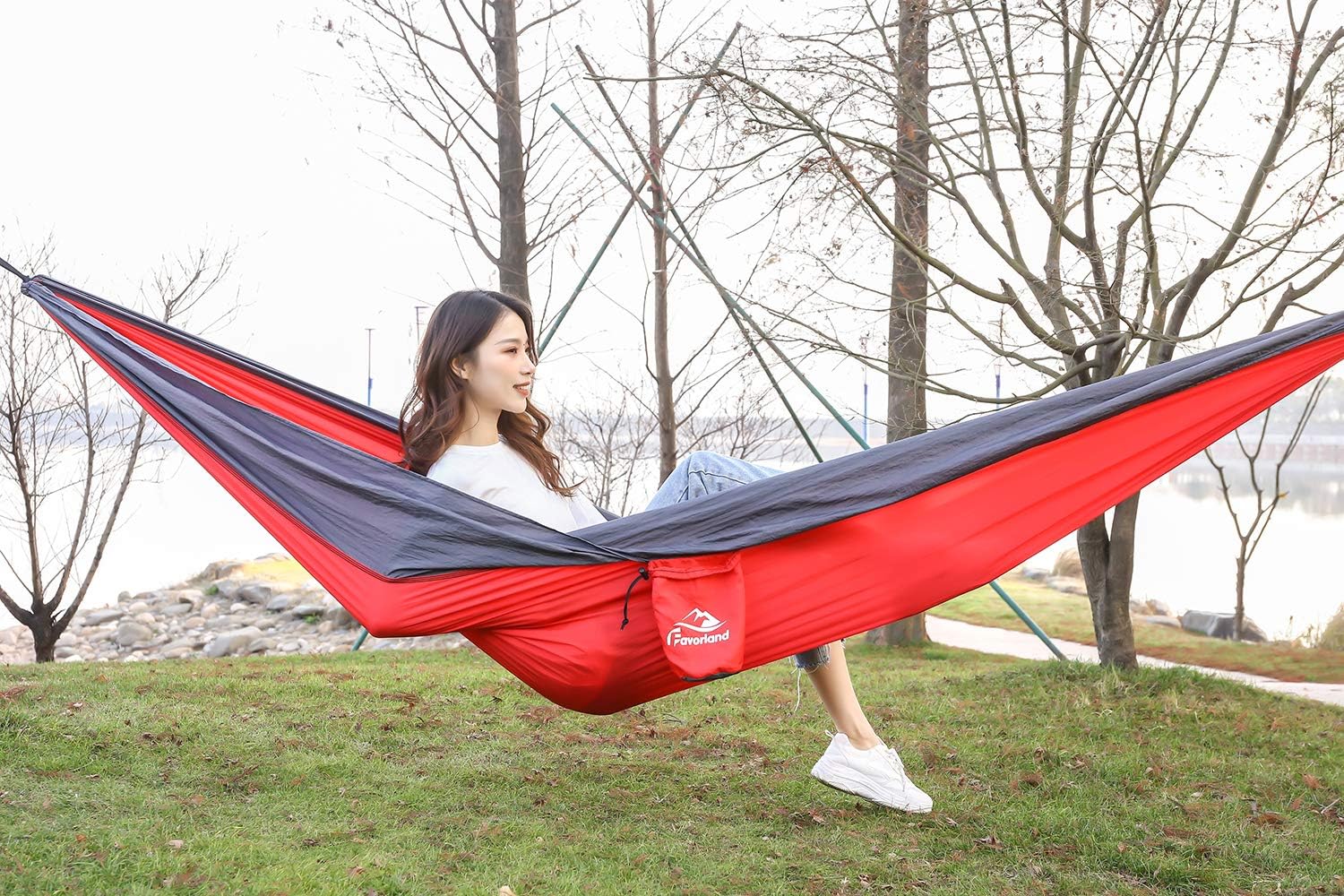 Favorland Camping Hammock Double & Single with Tree Straps for Hiking, Backpacking, Travel, Beach, Yard - 2 Persons Outdoor Indoor Lightweight & Portable with Straps & Steel Carabiners Nylon(RedGrey)