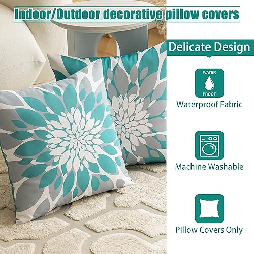 Miniatura 6 de Qahing Paquete de 4 fundas de almohada impermeables para exteriores de 16 x 16 pulgadas, decorativas, cuadradas, para jardín, muebles de patio,