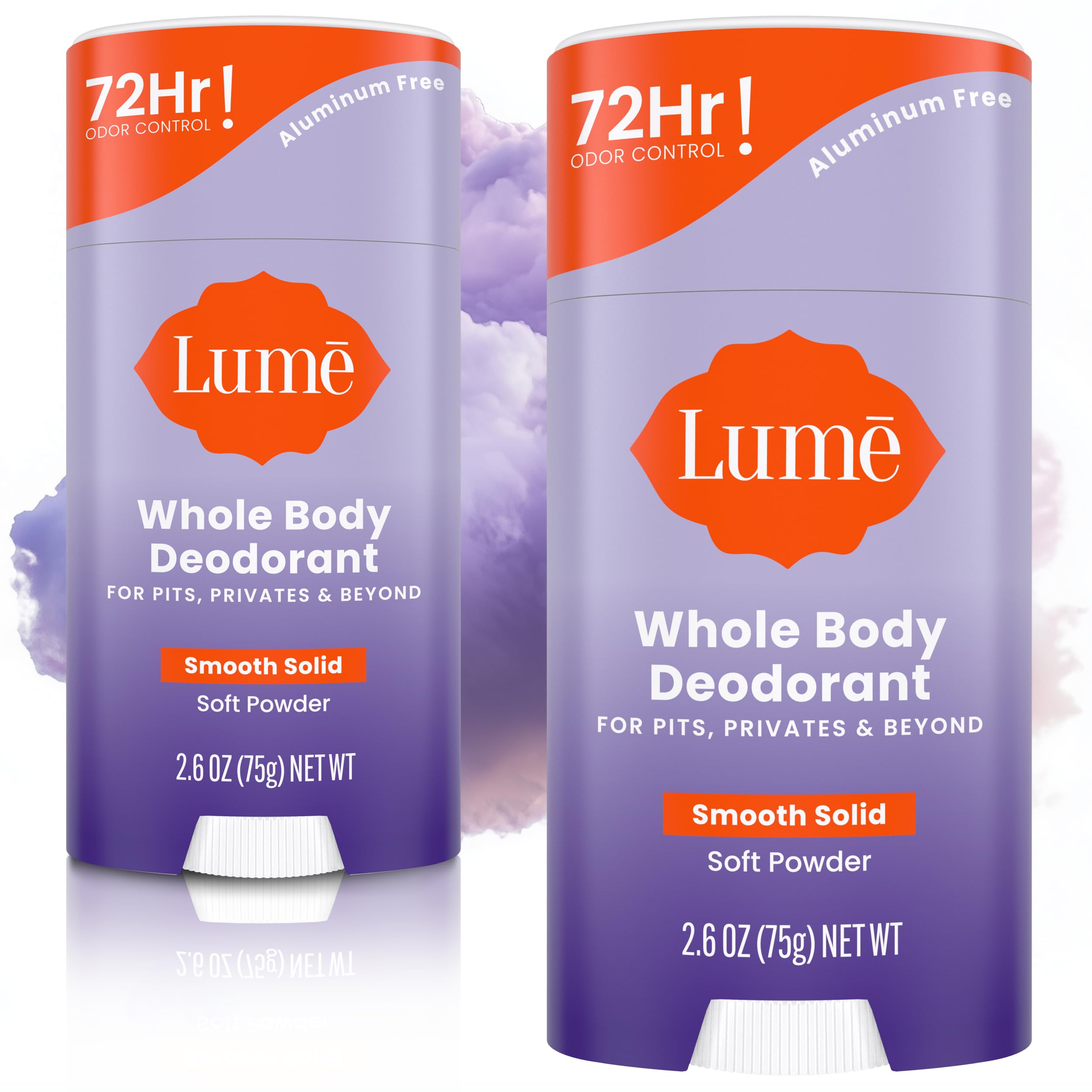 LumeWhole Body Deodorant - Smooth Solid Stick - 72 Hour Odor Control - Aluminum Free, Baking Soda Free and Skin Safe - 2.6 Ounce (Pack of 2) (Soft Powder)