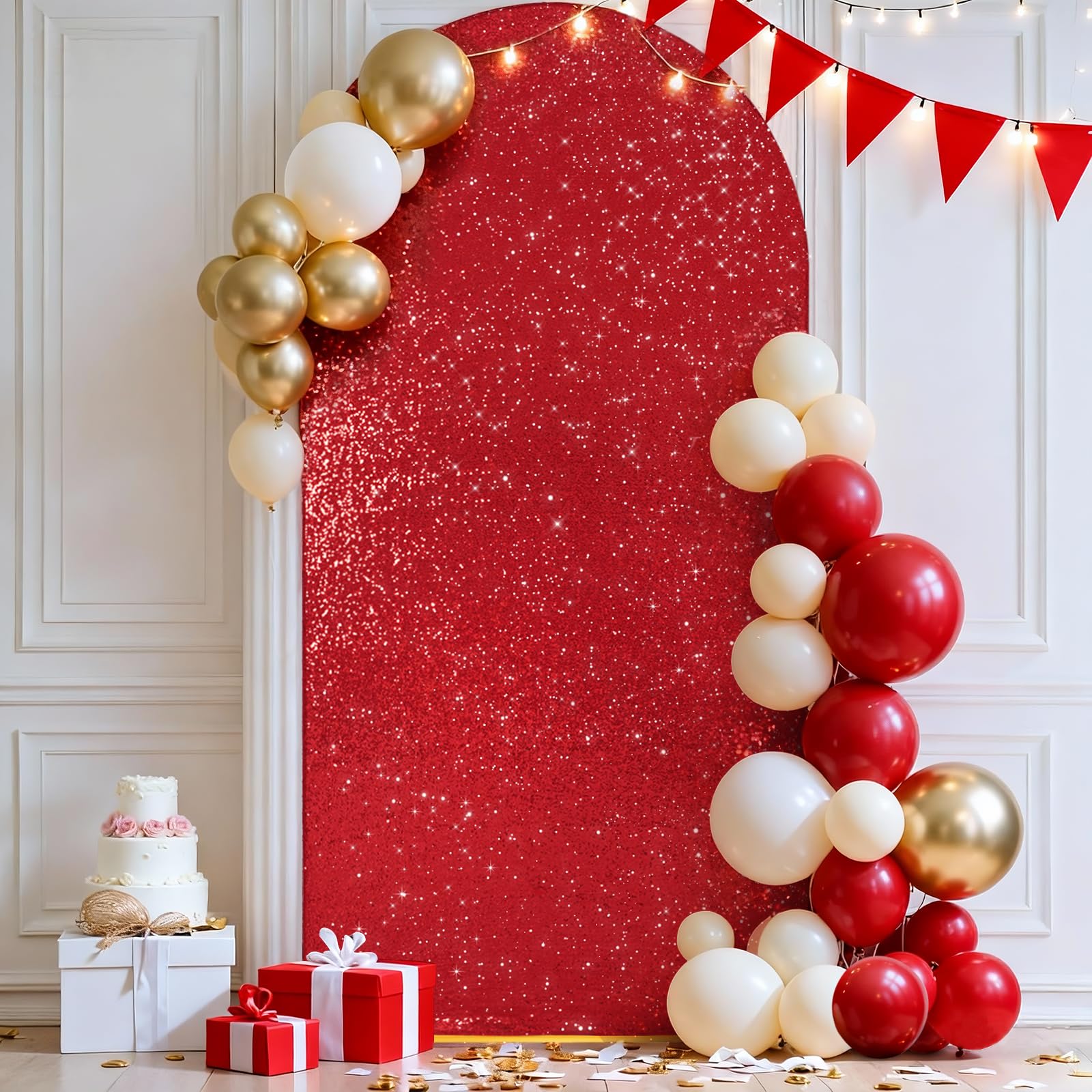 3E Home Red Sequin Arch Backdrop Cover,6.6 FT Sparkly Arch Cover for Wedding, Baby Shower, Birthday Party, Events, Reception Decor