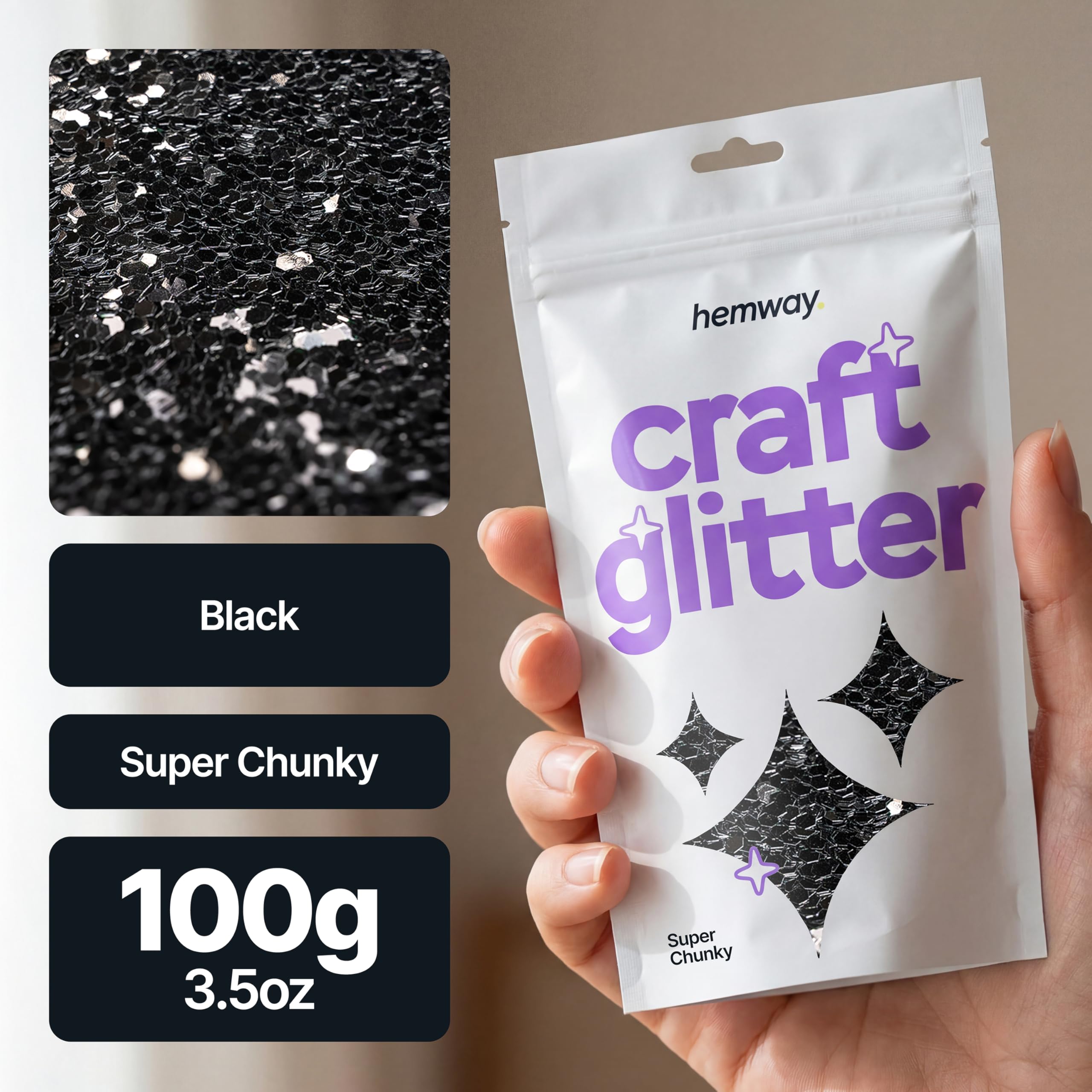 Hemway Craft Glitter Black 100g Super Chunky Glitter for Crafts