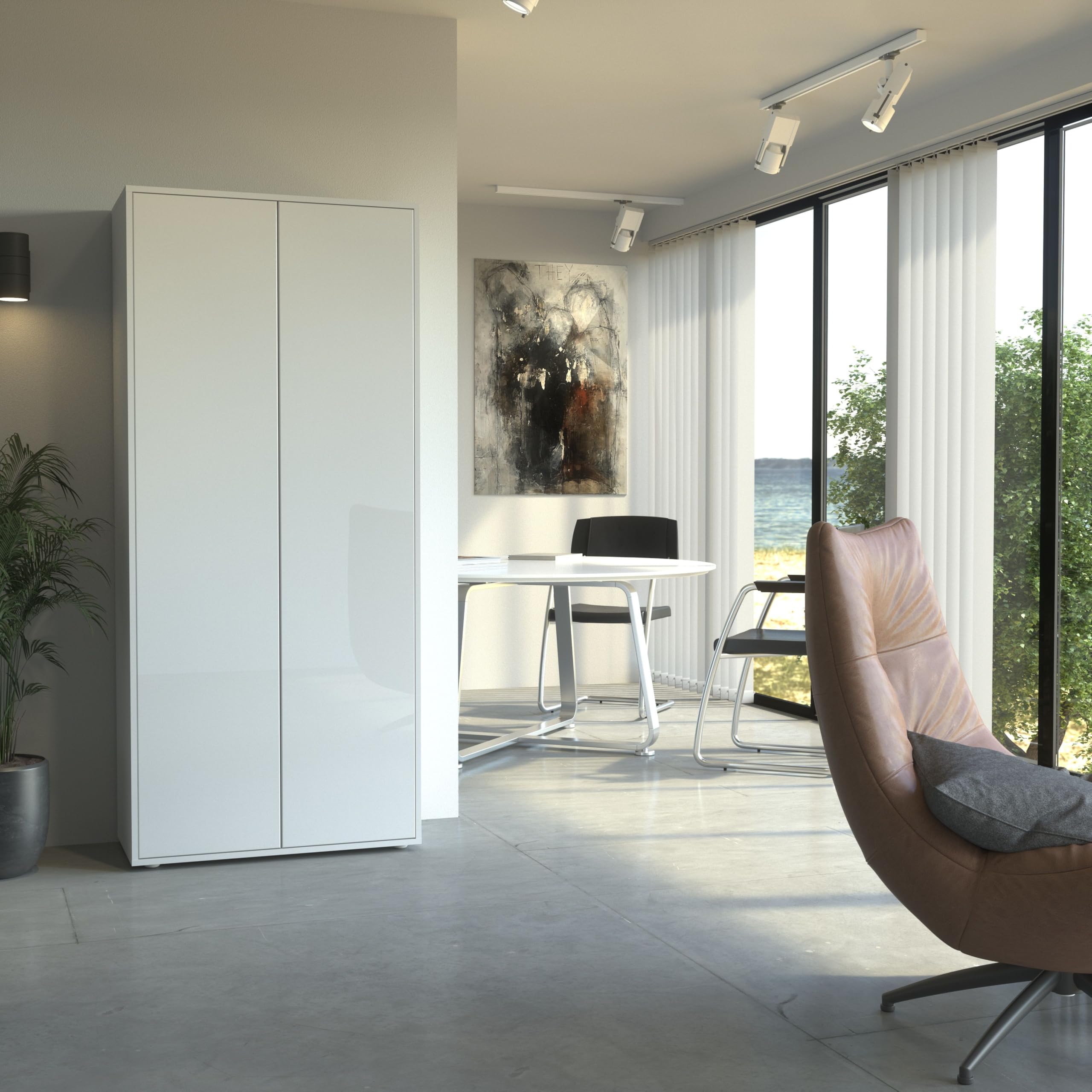 Büroschrank Amira T00, Weiß/Weiß Hochglanz, 180x80x40 cm | Geschlossener Aktenschrank, Push-to-Open, Mehrzweckschrank für Büro
