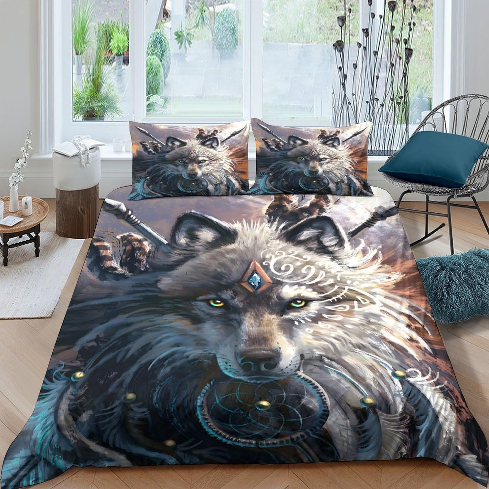 Ctjqhvkz Style-7 3D Printed Mystic Wolf Fitted Sheet Microfiber Soft Breathable Tribal Animal Bed Cover Bedroom Dorm Decor Single（135X200cm）