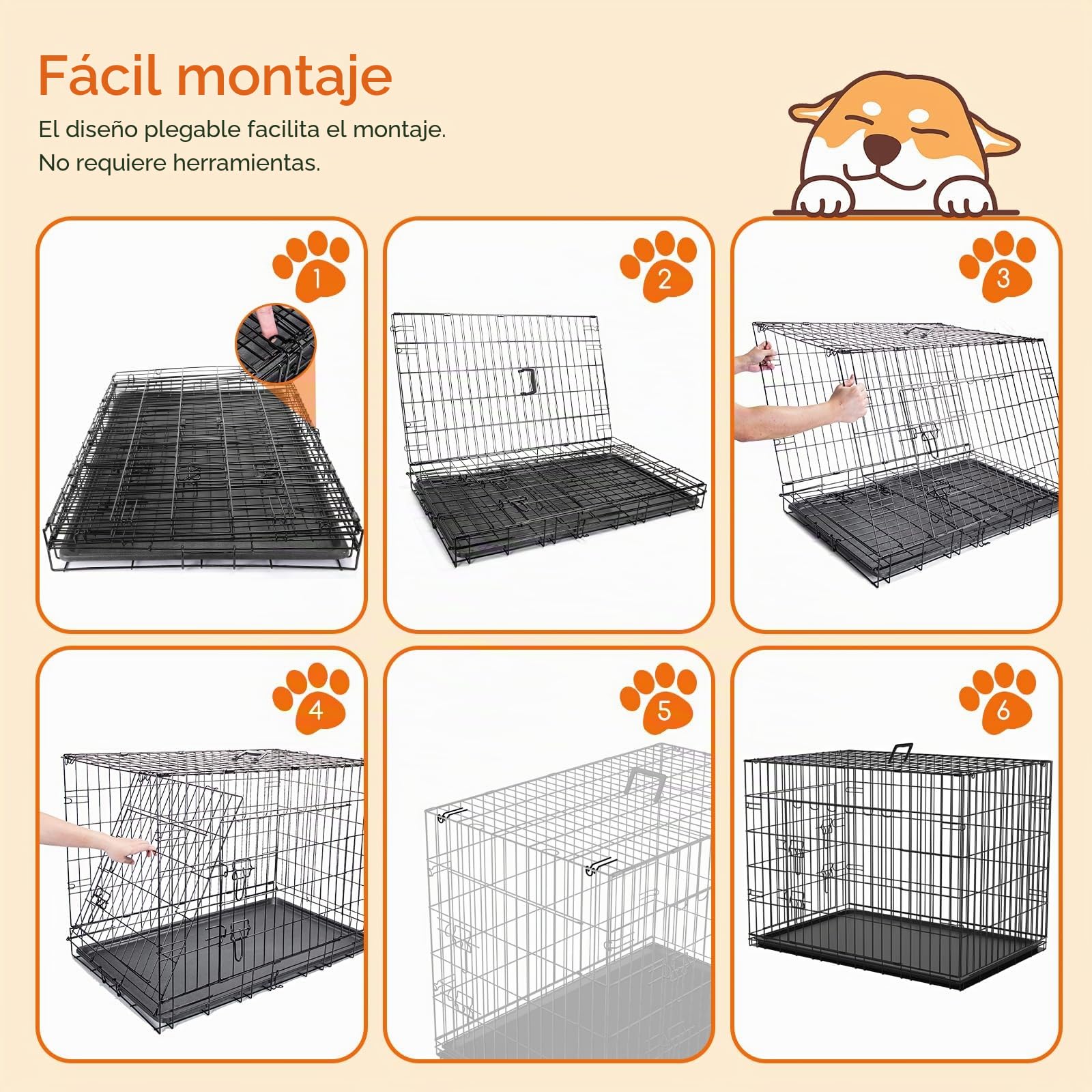 Nobleza Jaula para Perros Metálica, 91 x 57 x 63,5 cm, Transportín Plegable con Doble Puerta, Parque para Mascotas con Bandeja Extraíble y Asa de Transporte, Ideal para Entrenamiento y Viajes
