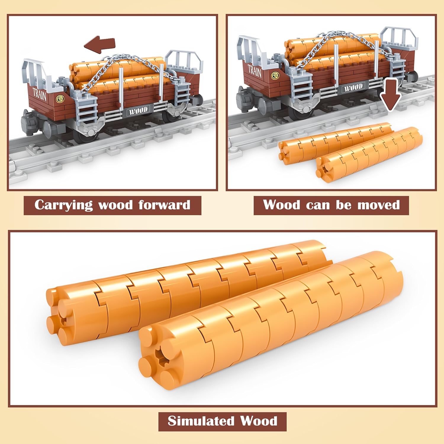 Train car carrying wood forward on tracks