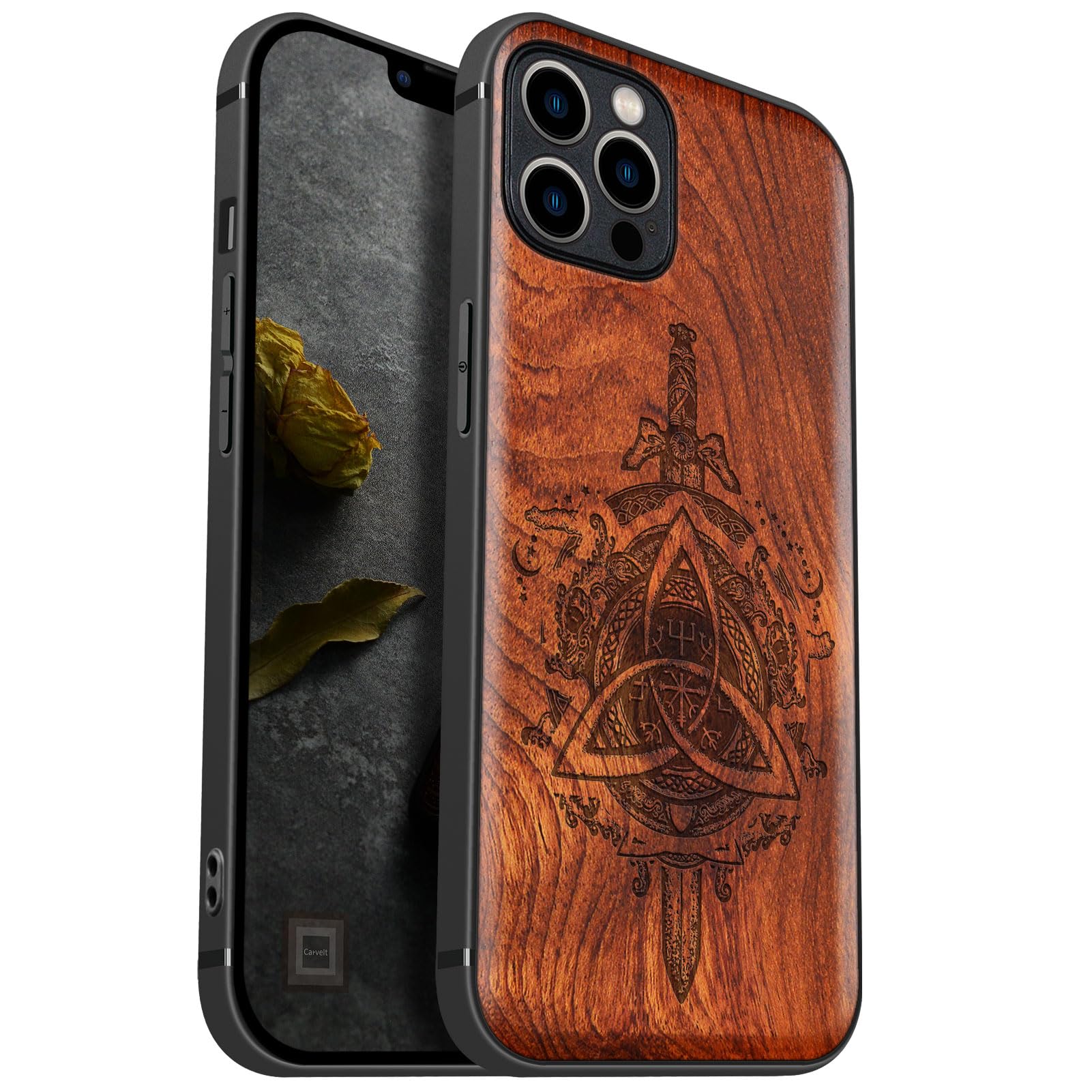 Carveit Magnetic Wood Case for iPhone 12 Pro Max Case [Natural Wood & Black Soft TPU] Shockproof Protective Unique Wooden Cover Compatible with