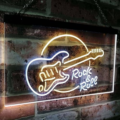 Miniatura 3 de ADVPRO Rock & Roll - Letrero de neón LED de doble color, banda de guitarra eléctrica, música de habitación, blanco y amarillo, 16 x 12 pulgadas,