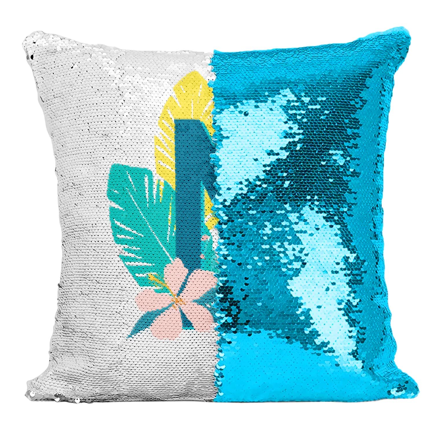 Coussin magique paillettes turquoise M Martine Margot aux finitions fleurs tropicales vibrantes