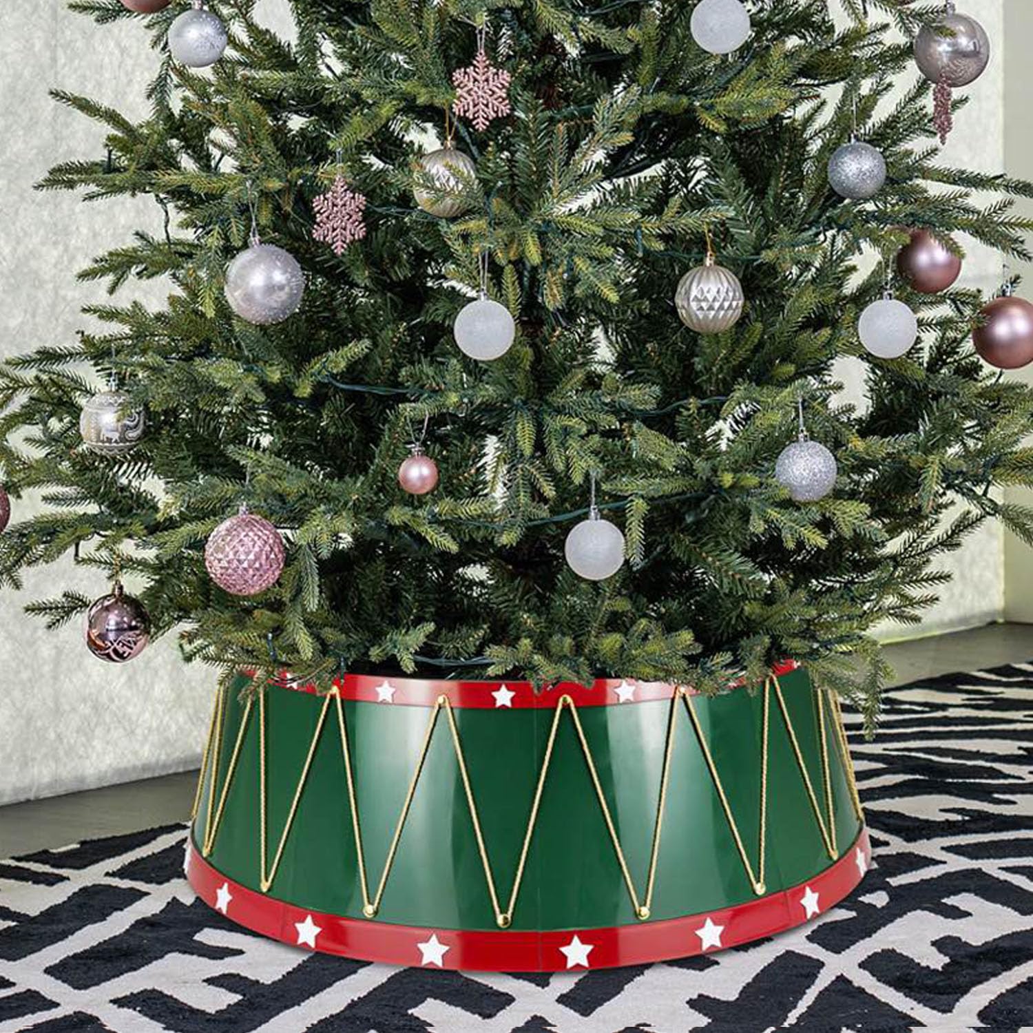 Taylor & Brown Drum Style Christmas Tree Skirt with Gold Cord White Stars 65cm, Tree Base Cover Collar Basket Decoration - Fits Tree Stands or Bases up to 54cm (Green and Red)