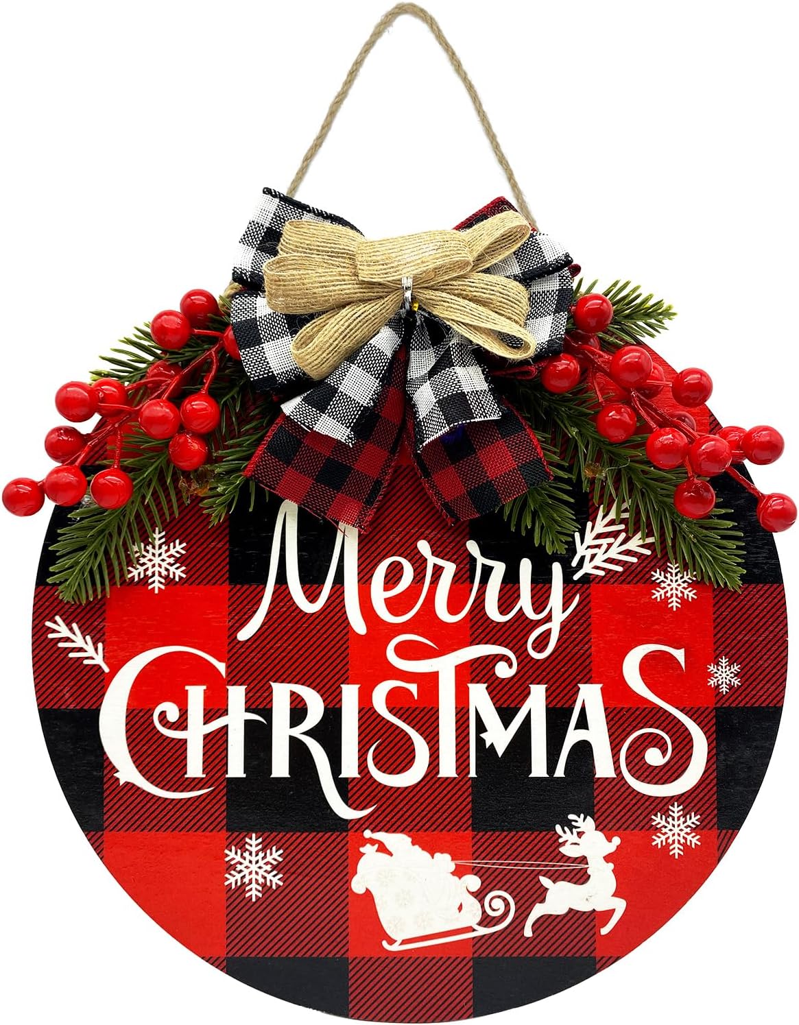 pack X 2 ) Christmas Door Decorations, Buffalo Plaid Christmas Wall Decor for Front Door, 12 Inch Merry Christmas Sign Wood Wreath Hanging Porch Window Decoration Indoor Outdoor 1Pieces