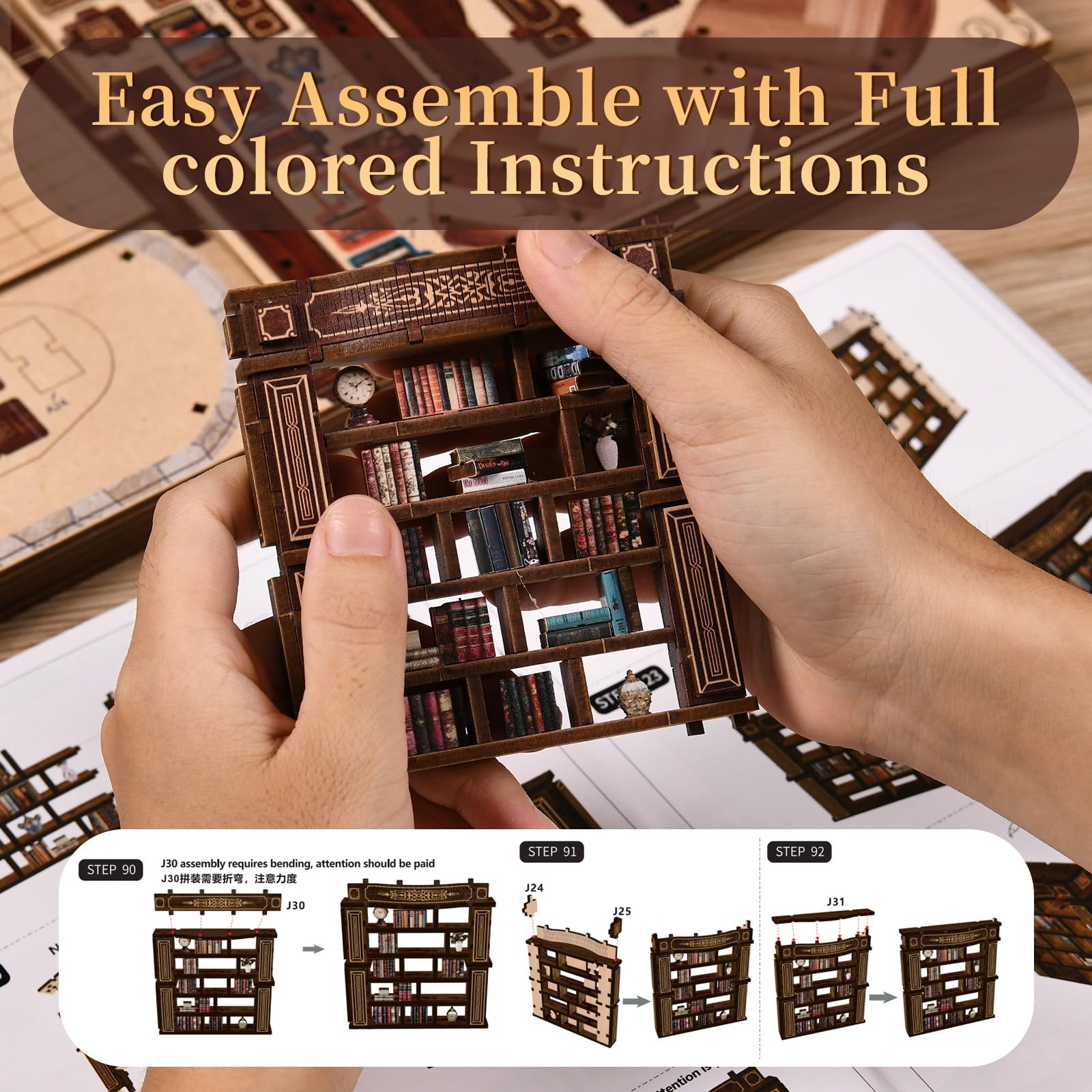 Casa Delle Bambole Kit, 3D in Legno Modellismo da Costruire con Luce Led, Casa in Miniatura DIY per Adulti, Regali Creativi Artigianali di Natale per il Compleanno (Sala dei libri da sogno)