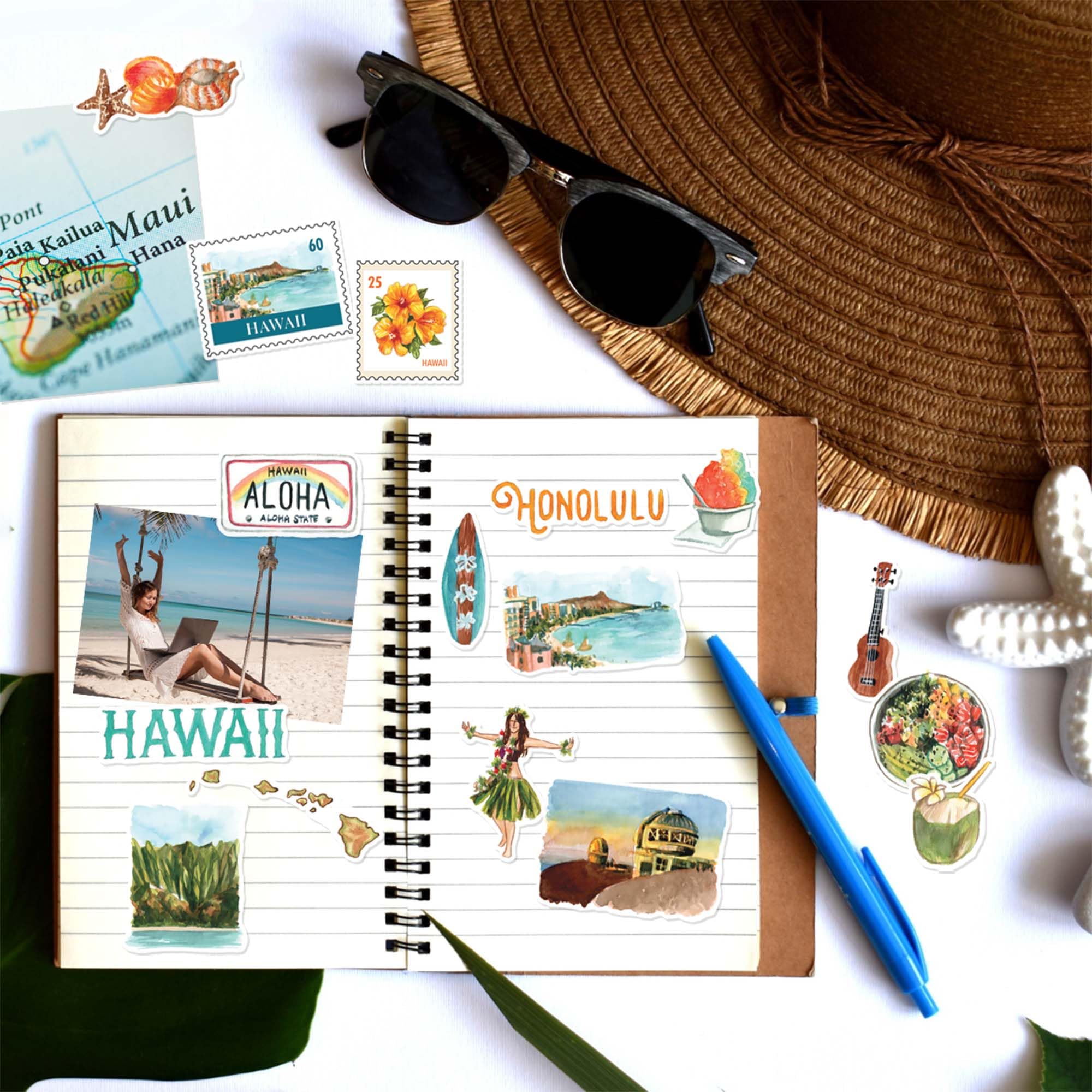 Navy Peony Exotic Hawaii State Travel Stickers (31 Pieces) - Watercolor America Vacation Stickers for Scrapbooking, Journals - Image 3