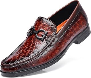 Casual Leather Dress Shoes for Mens, Luxury Formal Crocodile Printed Moe-Toe Slip-on Penny Bit Loafer Shoes for Men