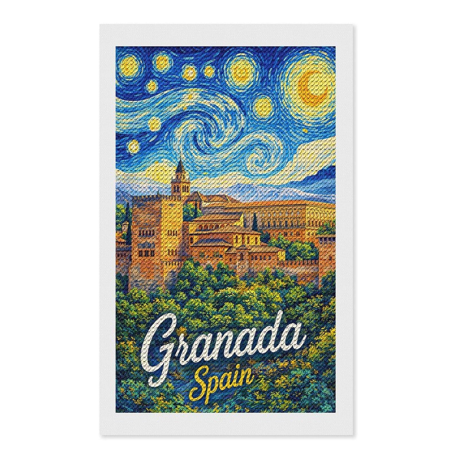 Junmoney Granada Spain Starry Night Painting Diamond Painting Set 12"x20", Arts and Crafts, Wall Art Gift, Full Kit Included, Relaxing Handmade Project