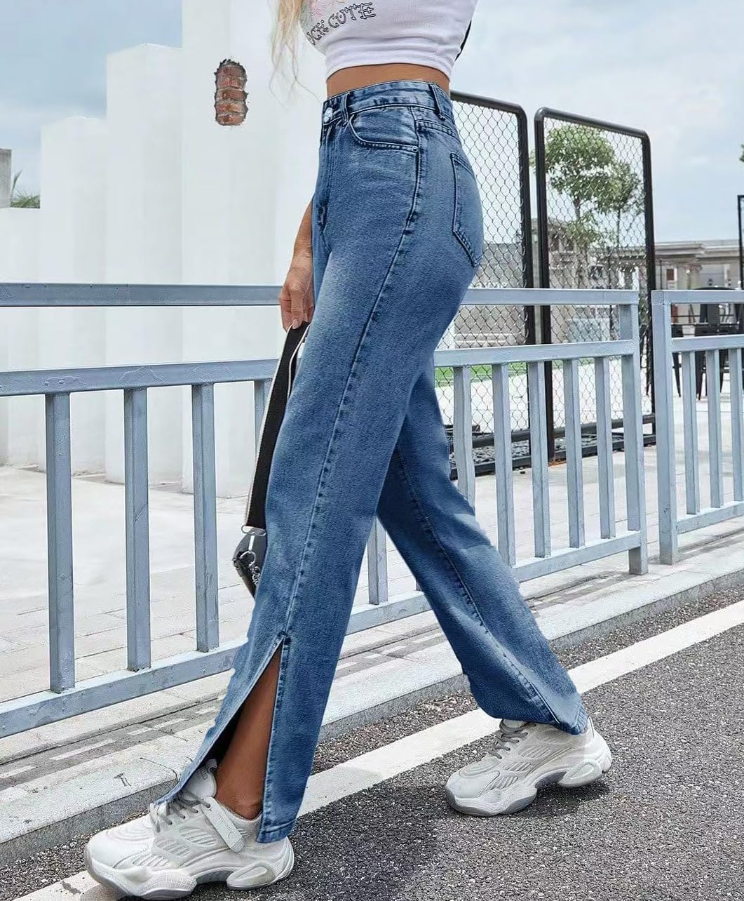 Straight Leg Jeans for Women Split Hem Classic Relax Fit High Waisted Stretchy Bootcut Jeans Denim Pants with Pockets - Image 5
