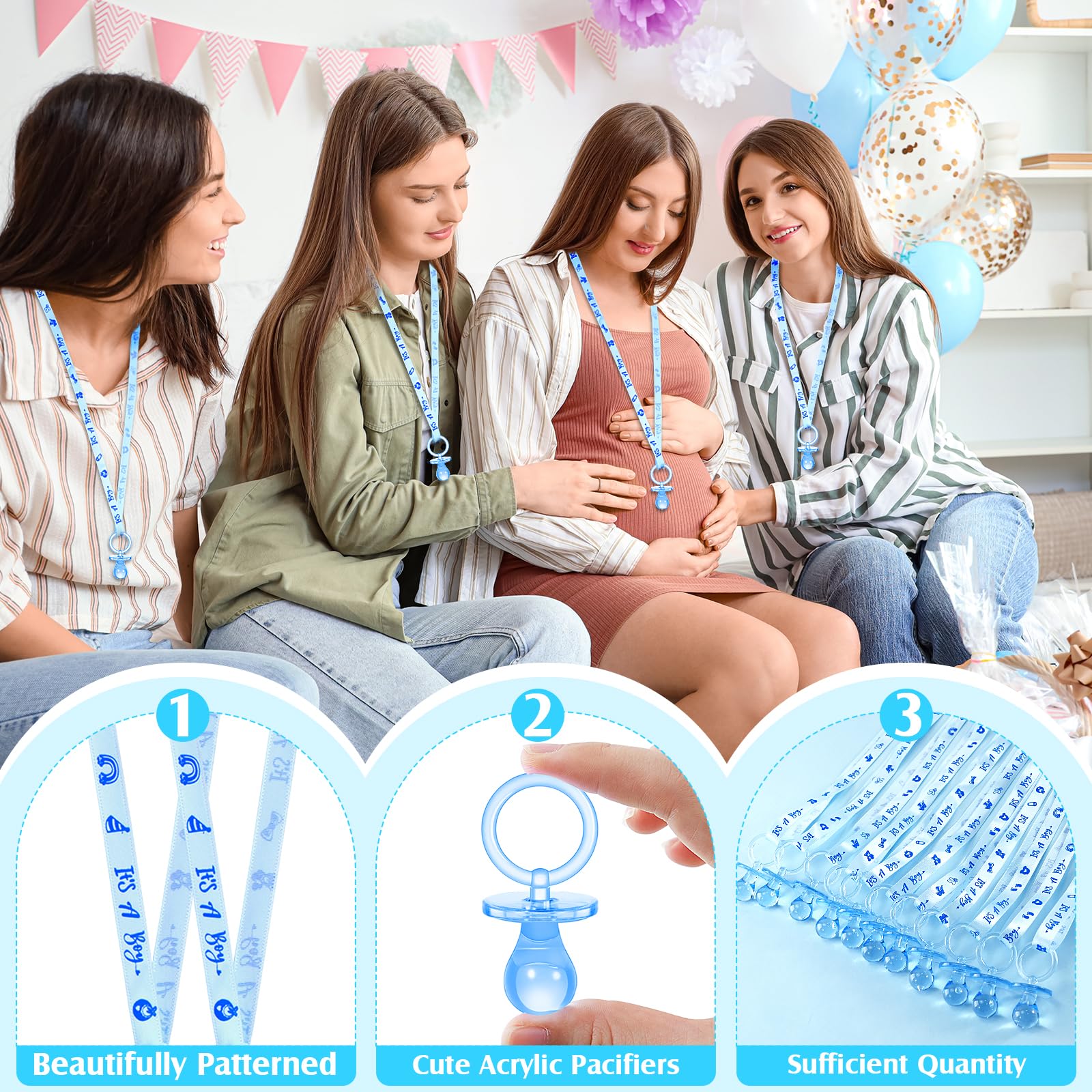 100 collane con ciucci per baby shower, graziose collane in acrilico per chupones para baby shower giochi fascino, bomboniere, decorazioni fai da te, rivelazione di genere spargere la tavola (blu)