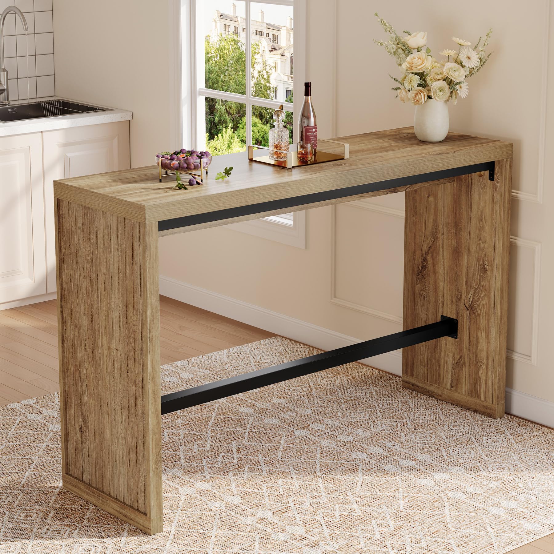 Tribesigns Bartisch, 140 cm Thekenhöhe, Kneipentisch mit Metall-Fußstütze, Rechteckig, Hohe Theke, Esszimmermöbel für Zuhause, Bar, Küche, Esszimmer, Bistro, Wohnzimmer, Rustikales Braun