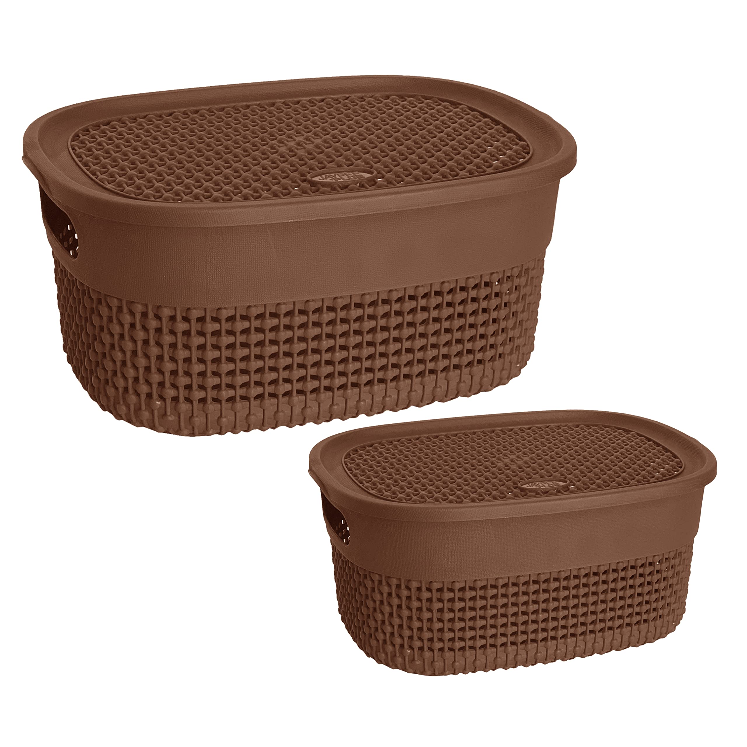 (Set of 2) - Small And Large Oval Plastic Storage Basket with Lid 4L/14L Litre Storage Box Stackable Organiser For Makeup Storage Kitchen Bathroom Toy Box Desktop Shelves Cupboards (Brown)