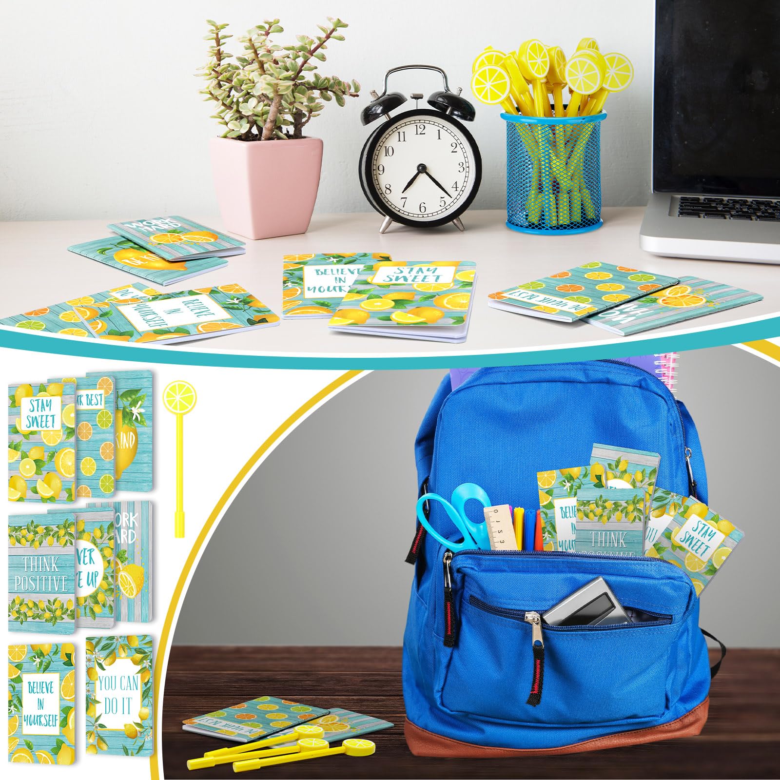 MotiMind Juego de 16 mini cuadernos de bolsillo de limón con bolígrafo en forma de limón, planificador de diario a granel para regreso a clases, fiesta de graduación, suministros escolares, oficina,