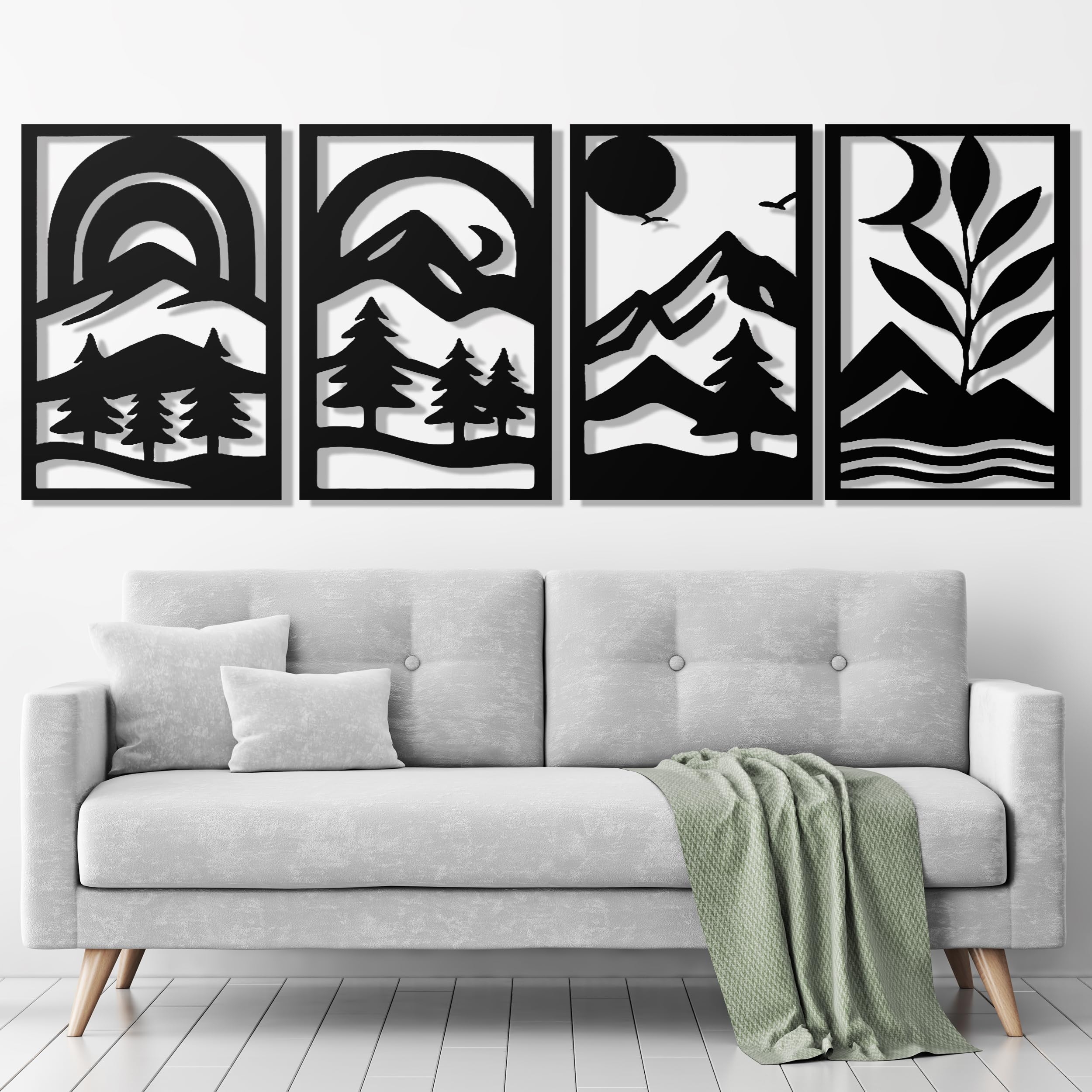 GALLERY GRACE Metal Wall Art Decor – 11" x 16" Set of 4 Abstract Landscape Panels for Living Room, Office, or Bedroom – Minimalist Single Line Black Wall Art with Mountains, Trees, and Sunrise