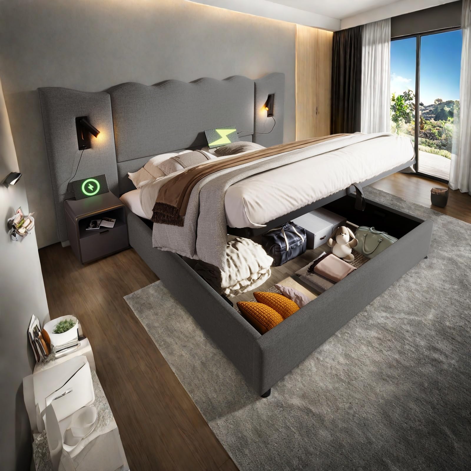 Letto Matrimoniale con Contenitore 180x200 cm con LED e USB, Letto imbottito una piazza e mezza con Testiera e Vano Portaoggetti, Letto Contenitore con rete a doghe, Struttura in lino grigio